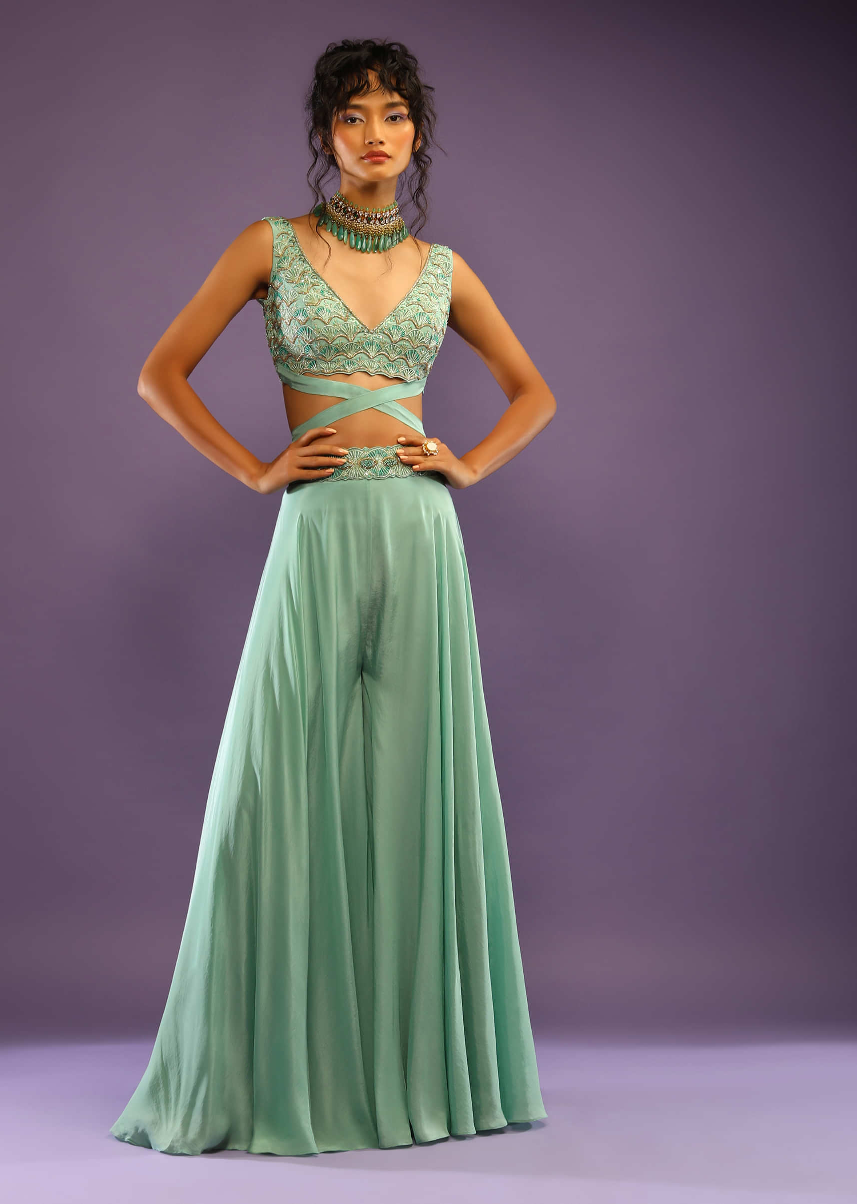 Sea Green Palazzo And Crop Top With Wrap Around Straps And Shaded Green Bead Work In Scallop Motifs