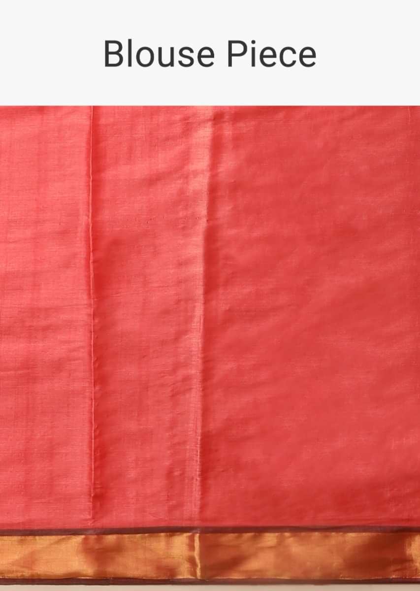 Blush Red Saree In Tussar Silk With Multi Colored Thread Embroidered Folk Design On The Pallu  
