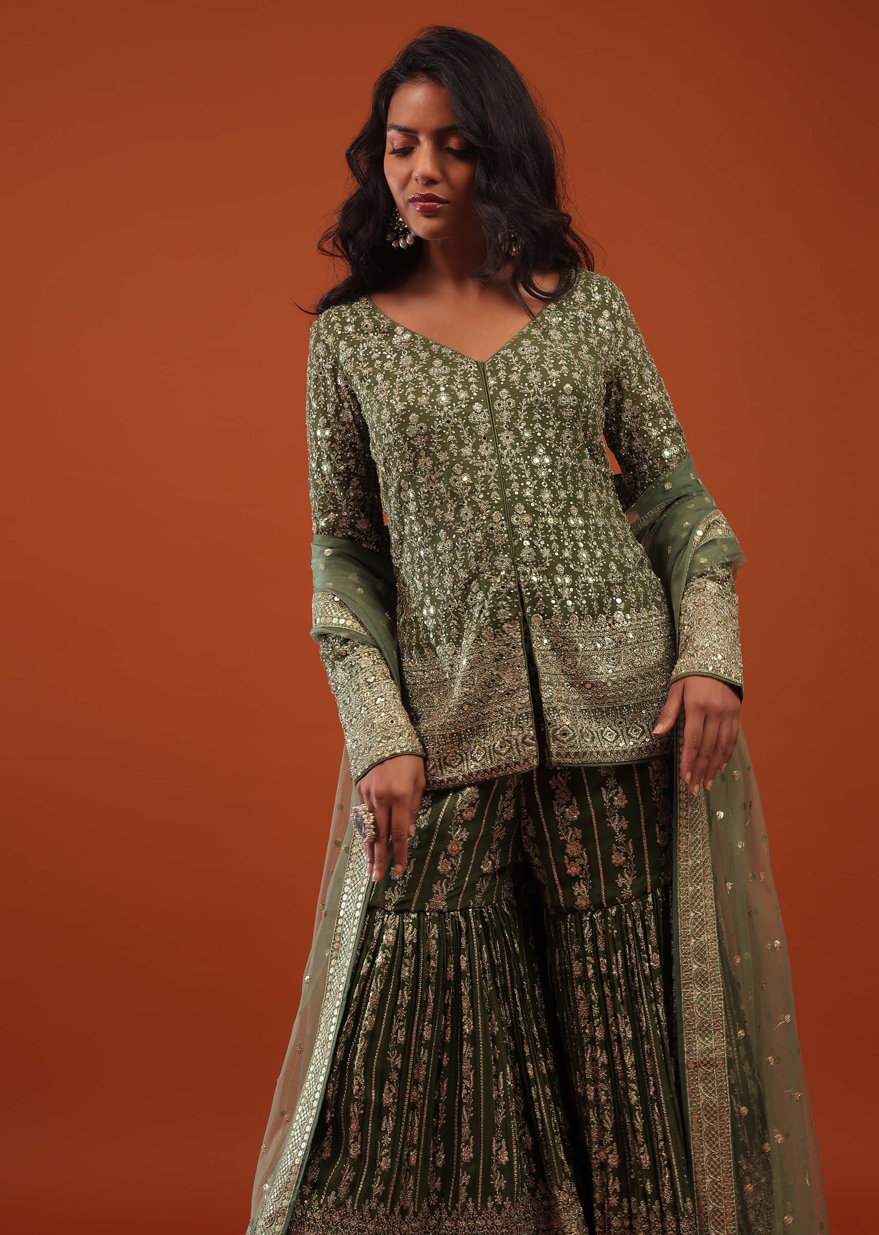 Sea Spray Green Embroidered Sharara Suit In Georgette