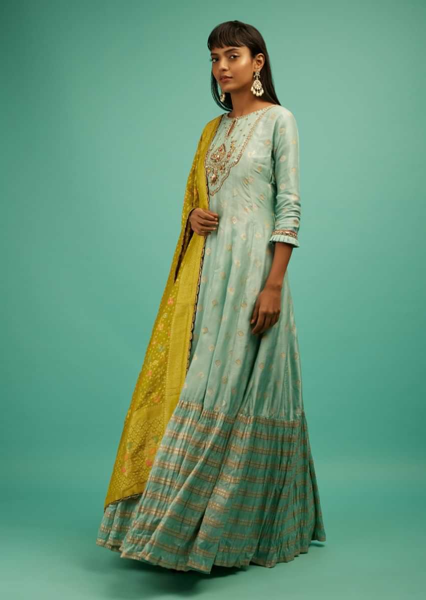 Seafoam Green Anarkali Suit In Silk With Brocade Design And Zardosi Work Along With Contrasting Banarasi Dupatta  