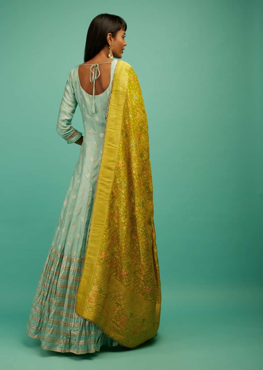 Seafoam Green Anarkali Suit In Silk With Brocade Design And Zardosi Work Along With Contrasting Banarasi Dupatta  