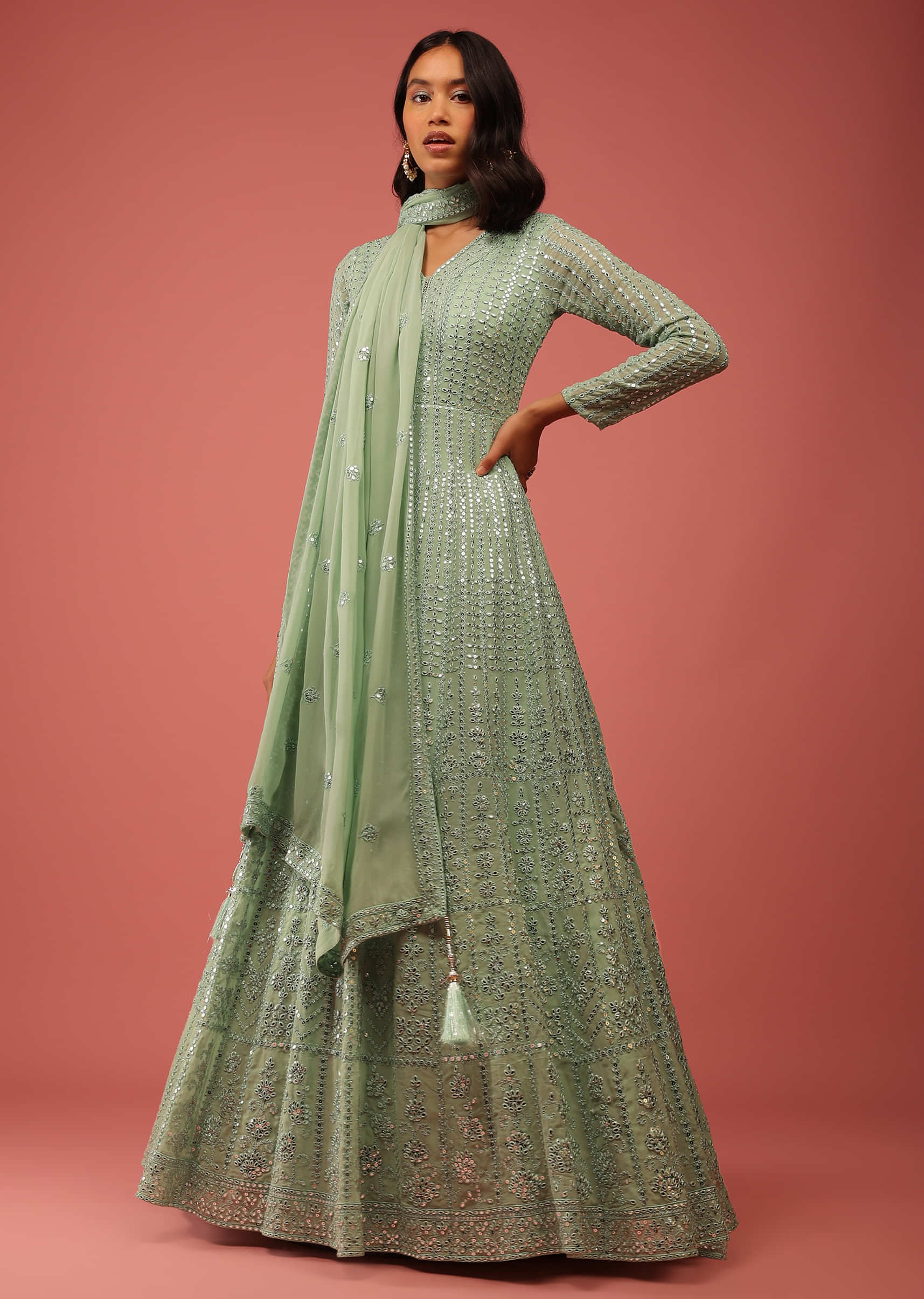Mint Green Anarkali Suit With Sequins And Abla Embroidered Kali Design