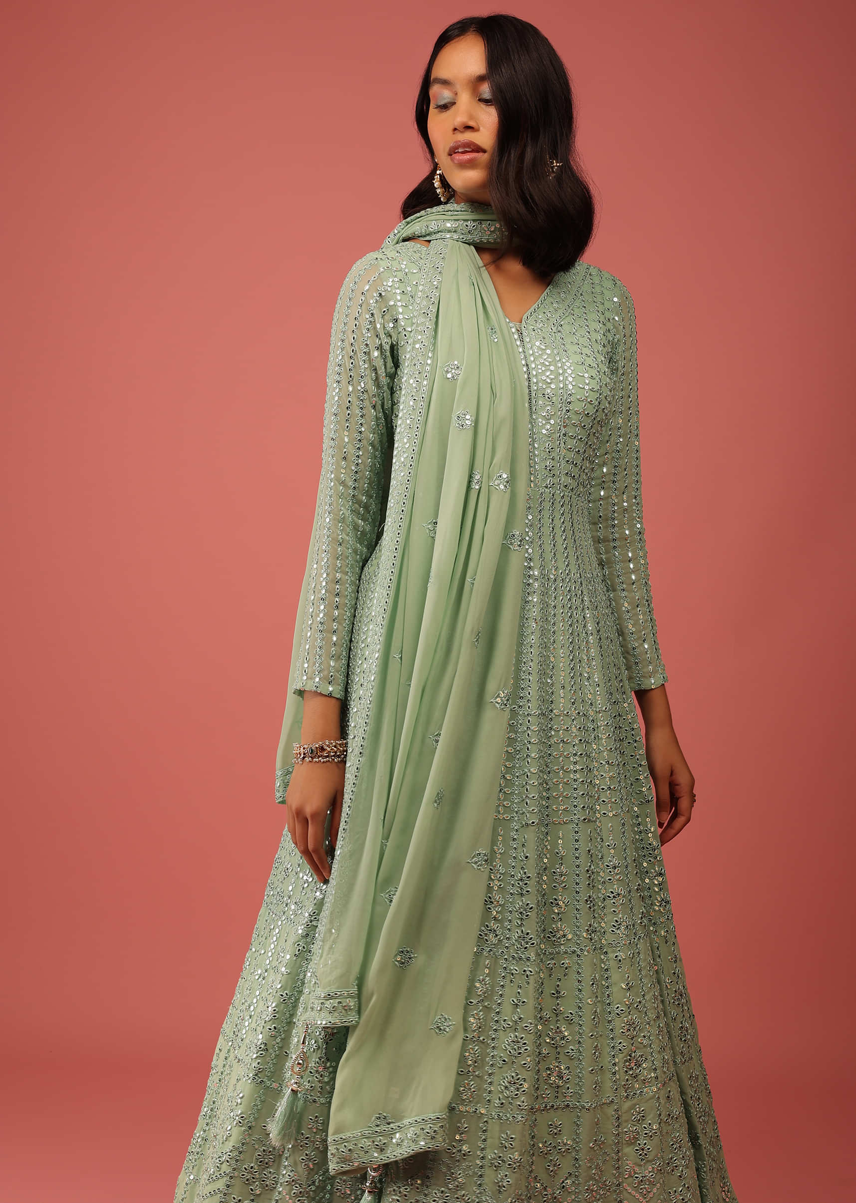 Mint Green Anarkali Suit With Sequins And Abla Embroidered Kali Design