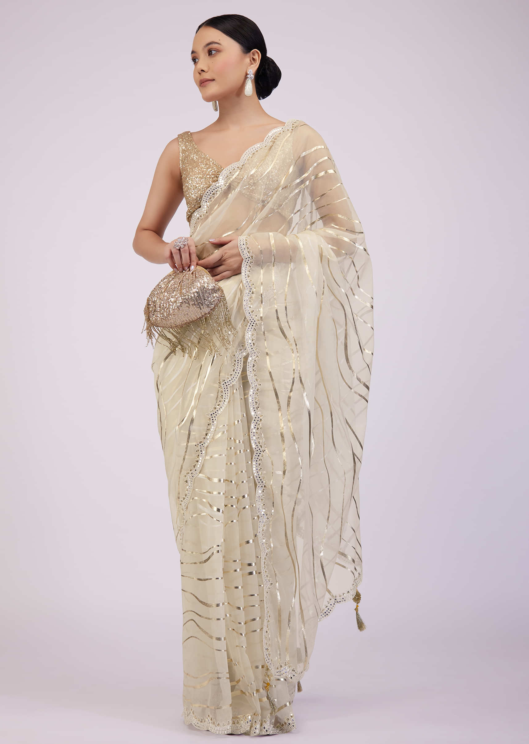 Beige White Saree In Organza With Foil Print And Embroidery