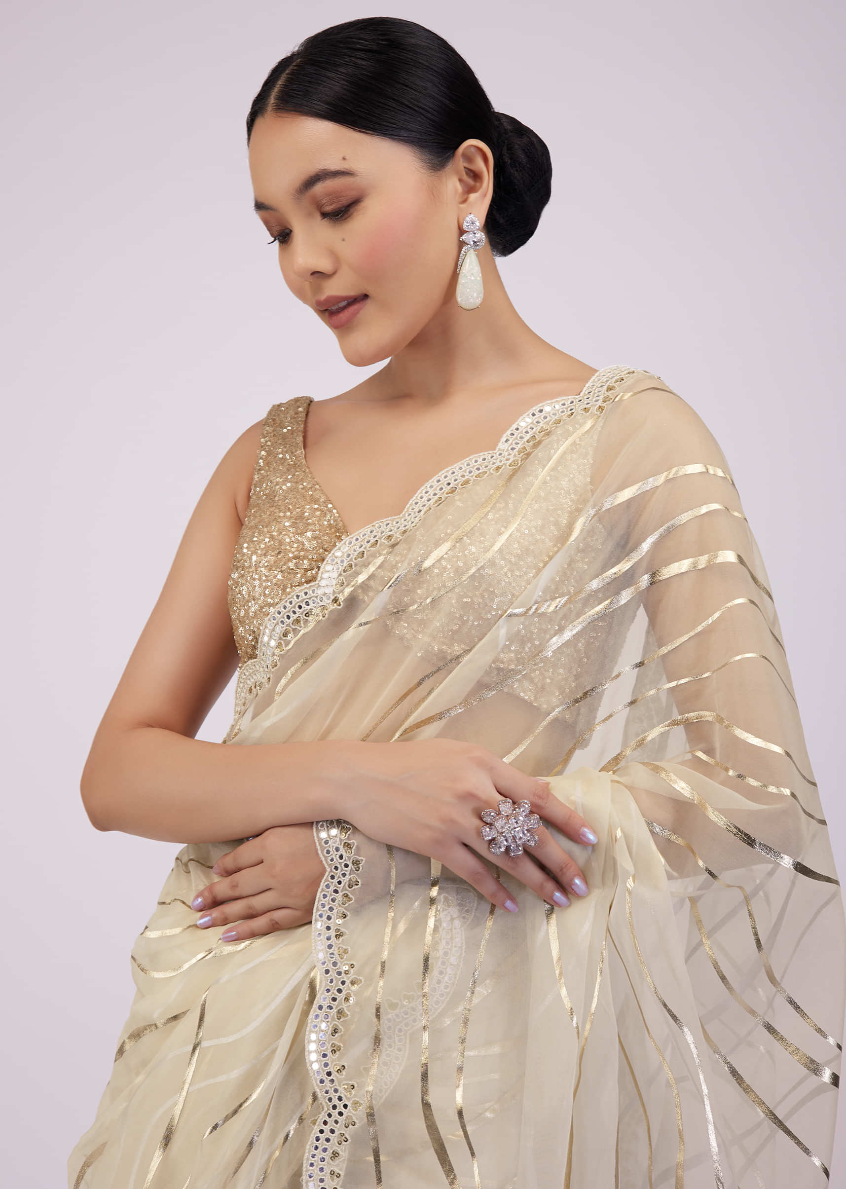 Beige White Saree In Organza With Foil Print And Embroidery