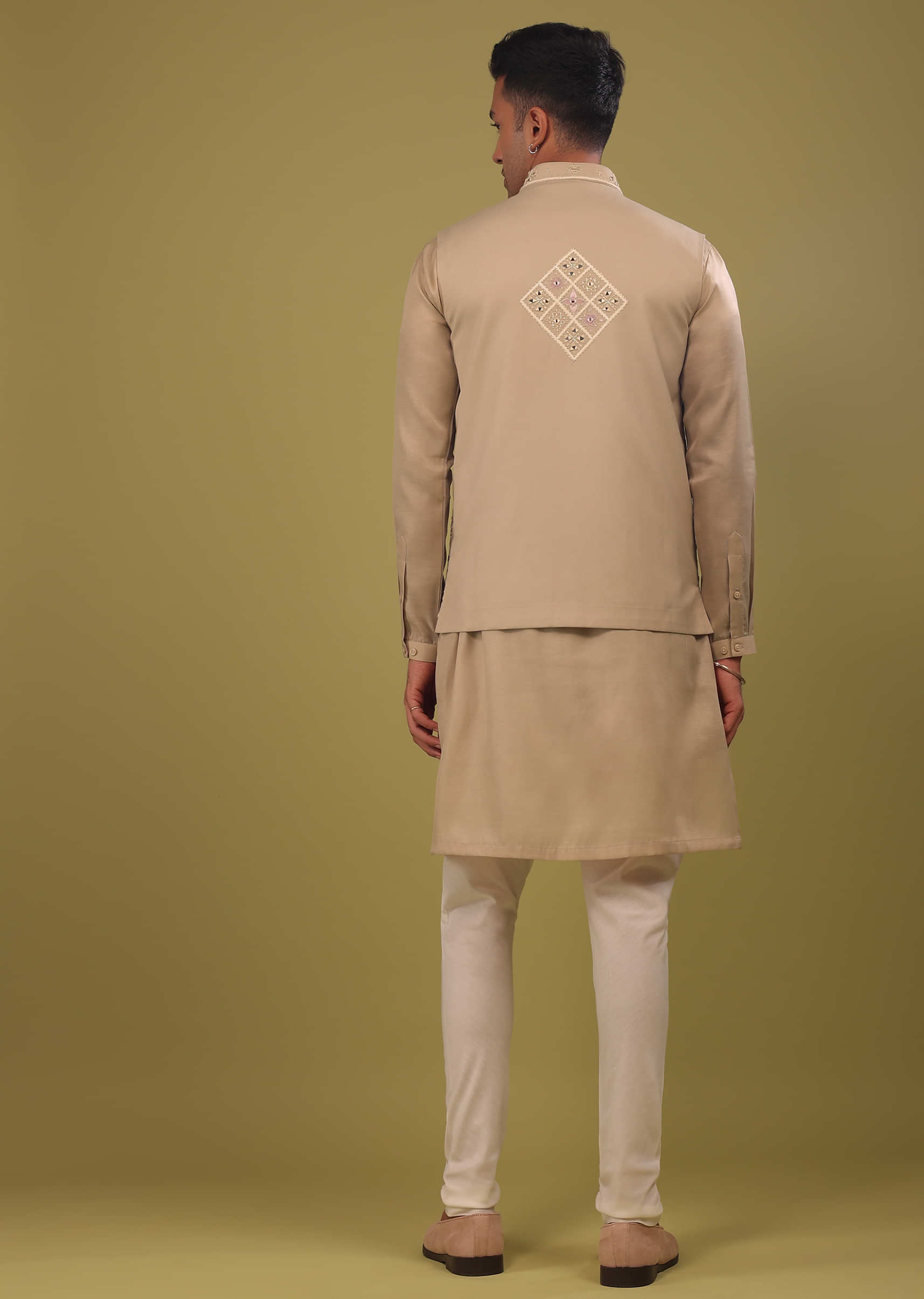 Tan Brown Mirrorwork Bandi Jacket Set In Art Silk