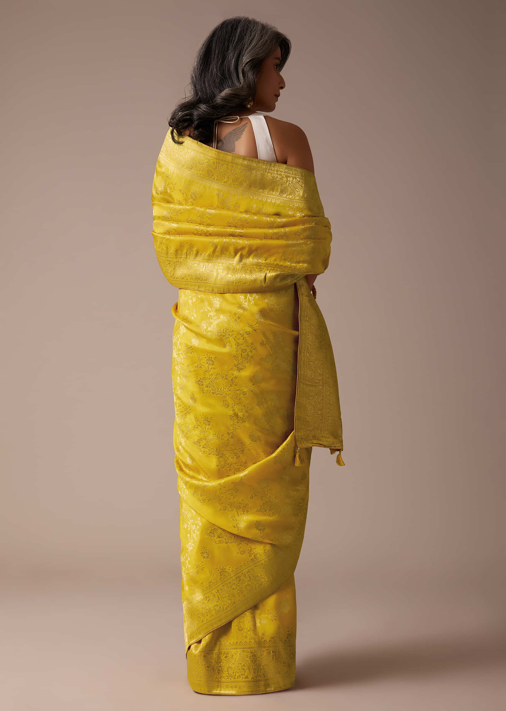 Mustard Yellow Saree In Dola Silk With Woven Floral Jaal And Moroccan Weave On Pallu