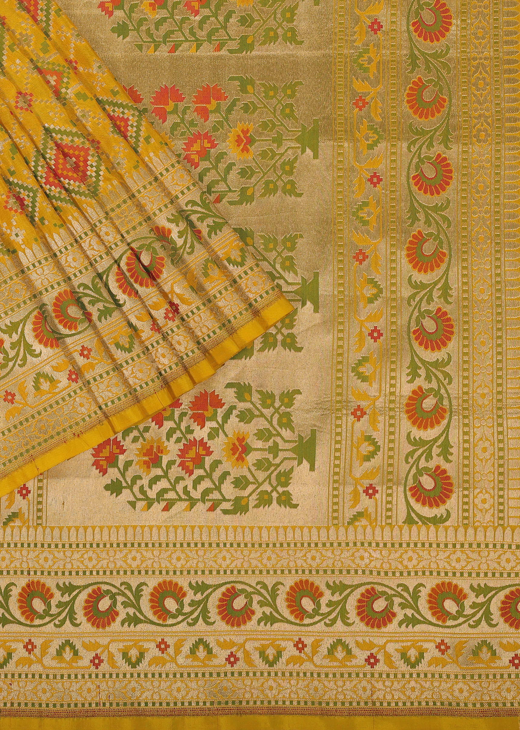 Honey Yellow Banarasi Patola Saree In Katan Silk And Ikat Weave With Unstitched Blouse