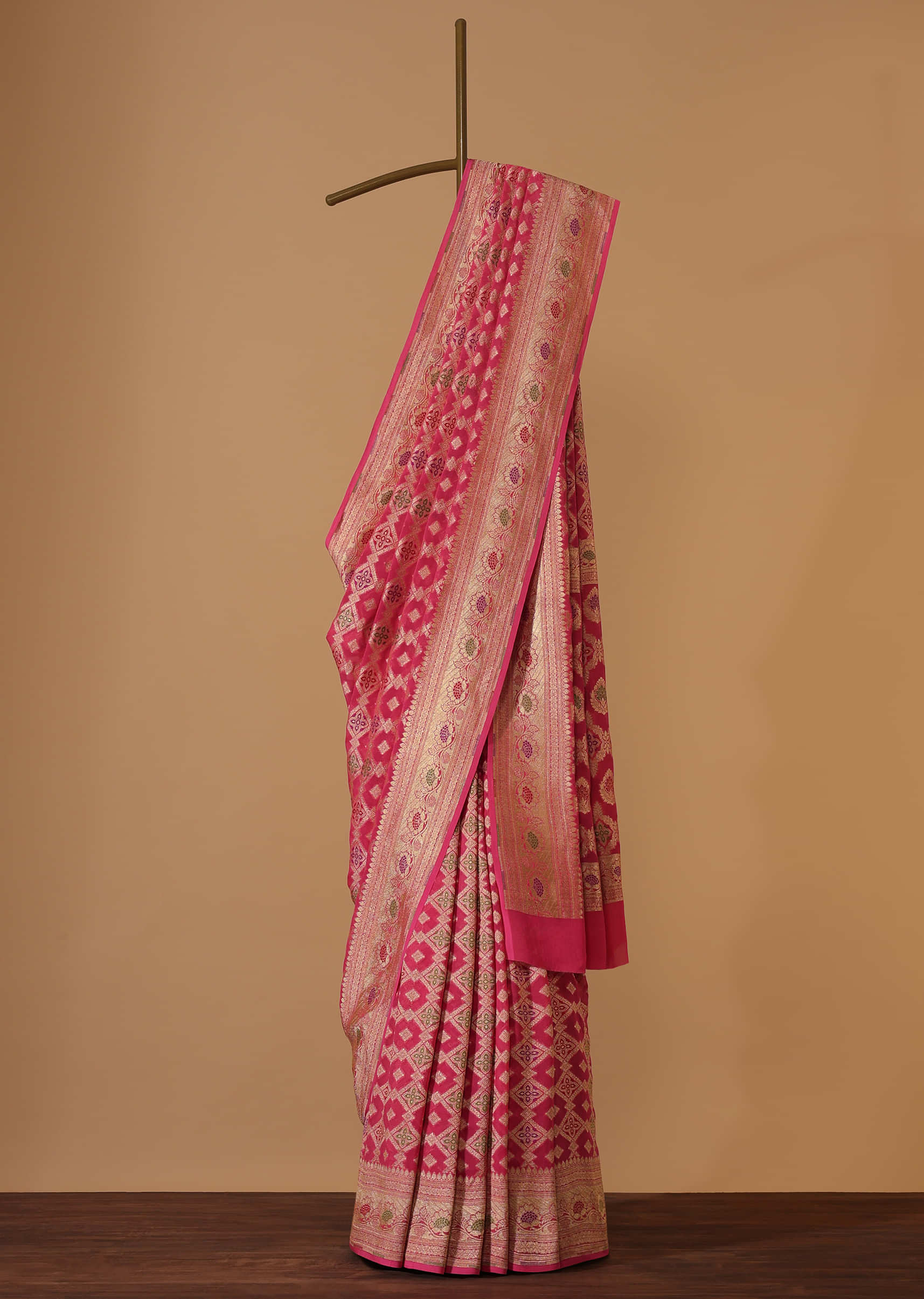 Hot Pink Woven Georgette Saree