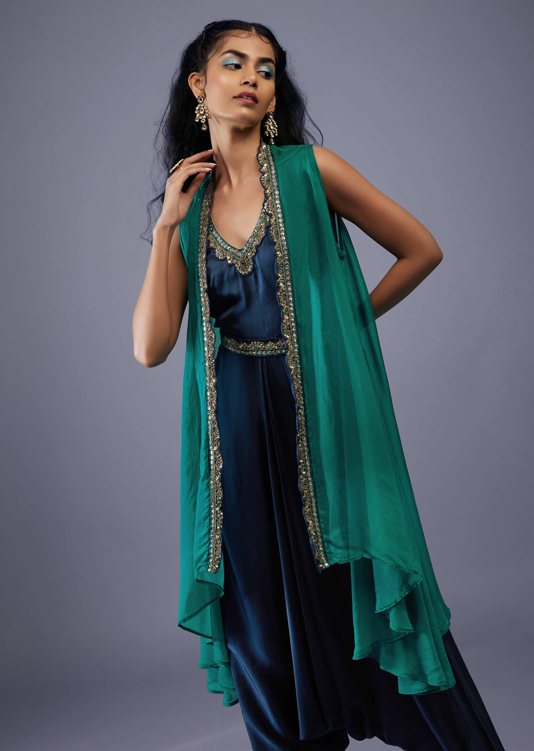 Navy Blue Silk Embroidered Dhoti Jumpsuit With Emerald Green Organza Shrug