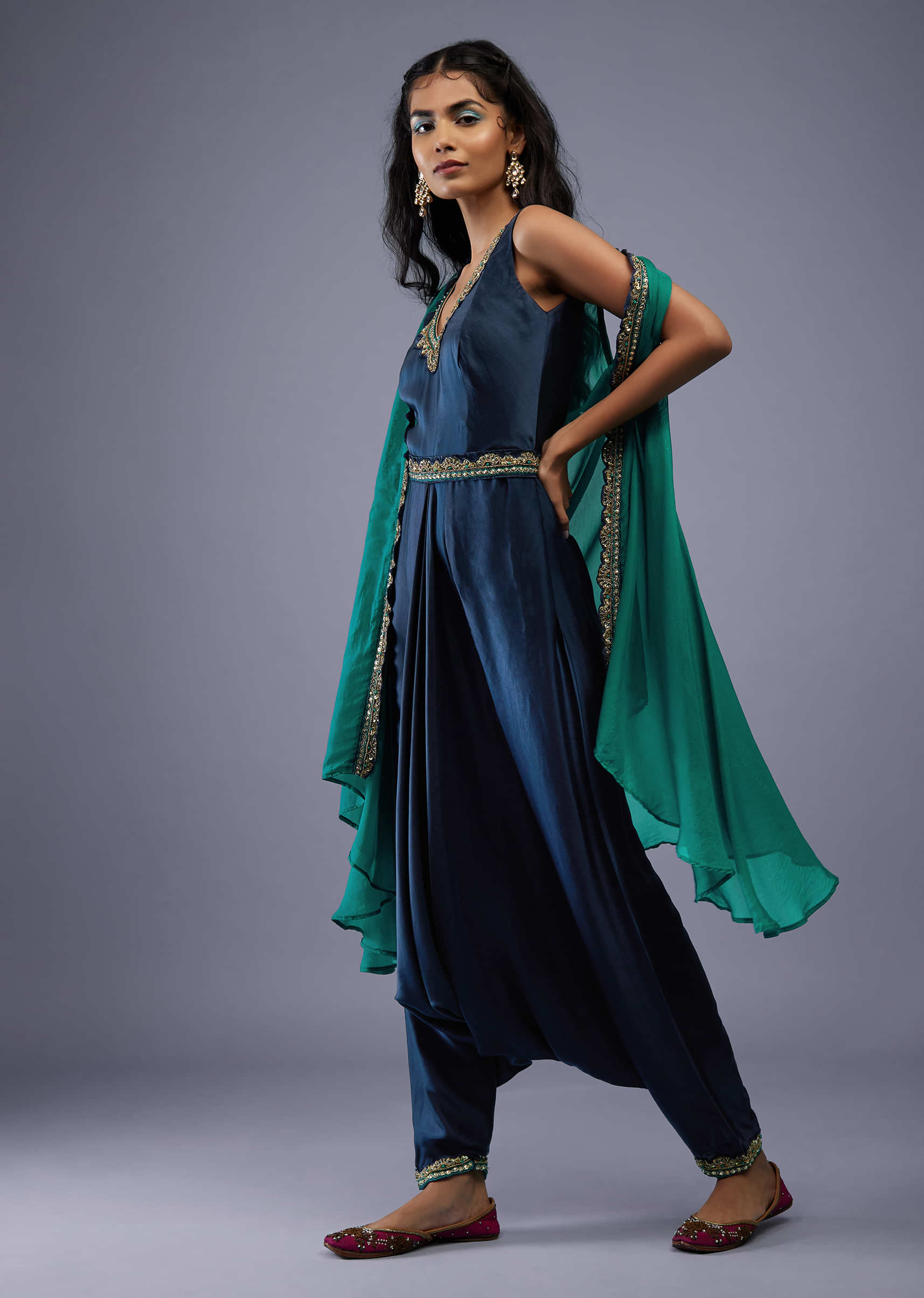 Navy Blue Silk Embroidered Dhoti Jumpsuit With Emerald Green Organza Shrug