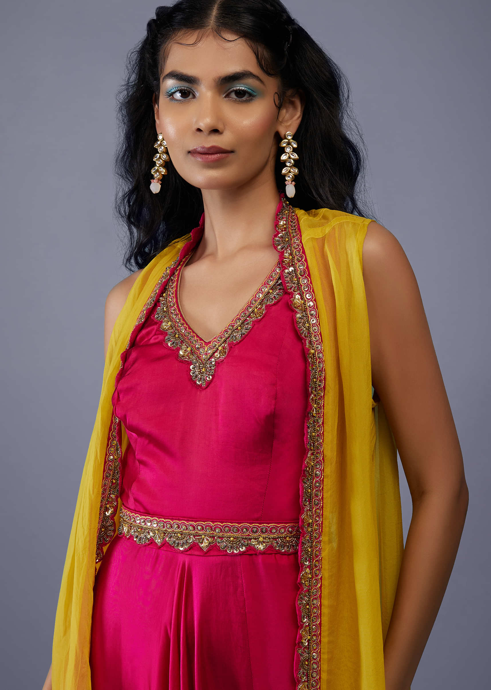 Carmine Red Embroidered Dhoti Jumpsuit With Yellow Organza Shrug
