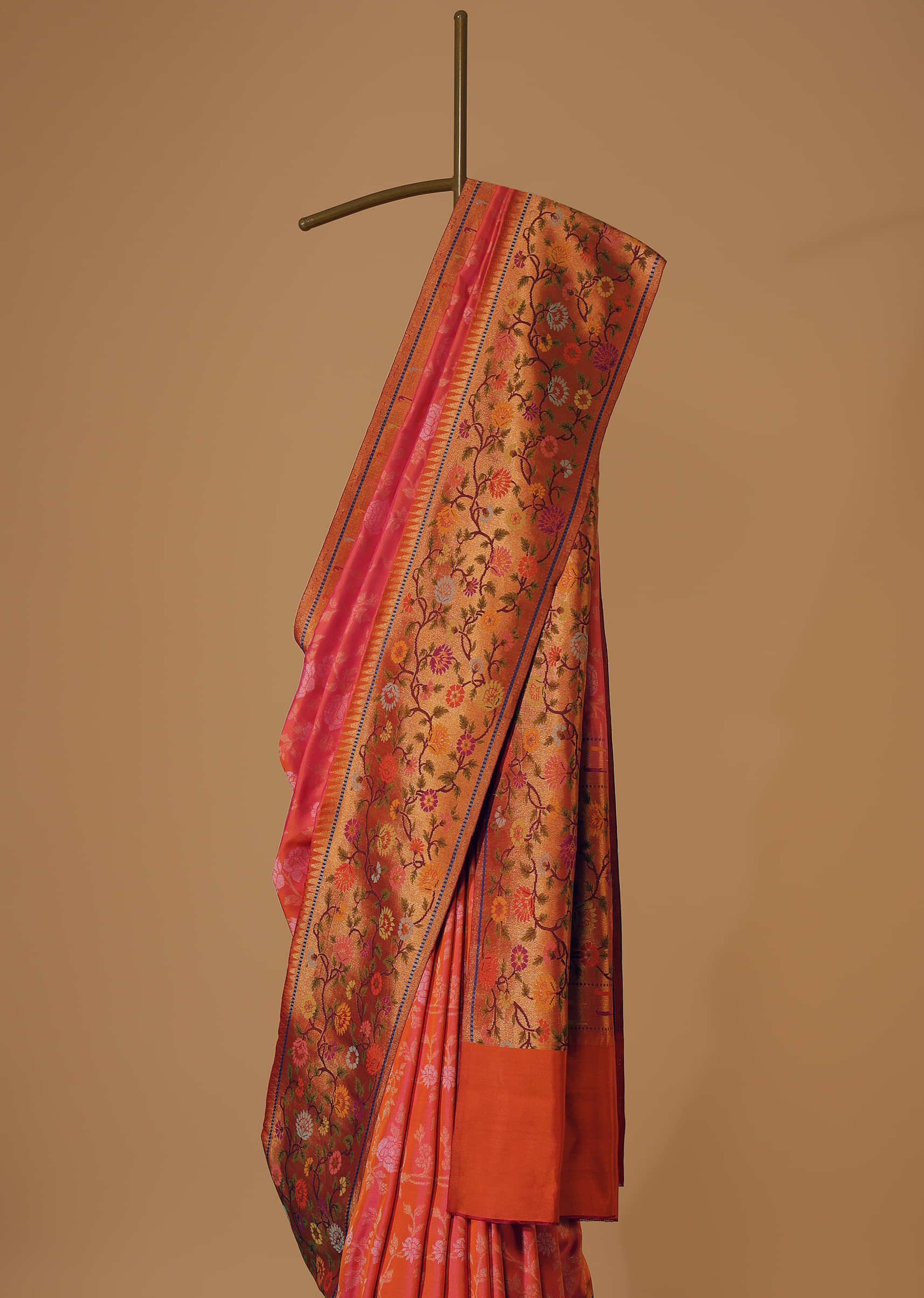 Peach Banarasi Handloom Saree In Orange Shade With Shikara Skirt Border Weave And Unstitched Blouse