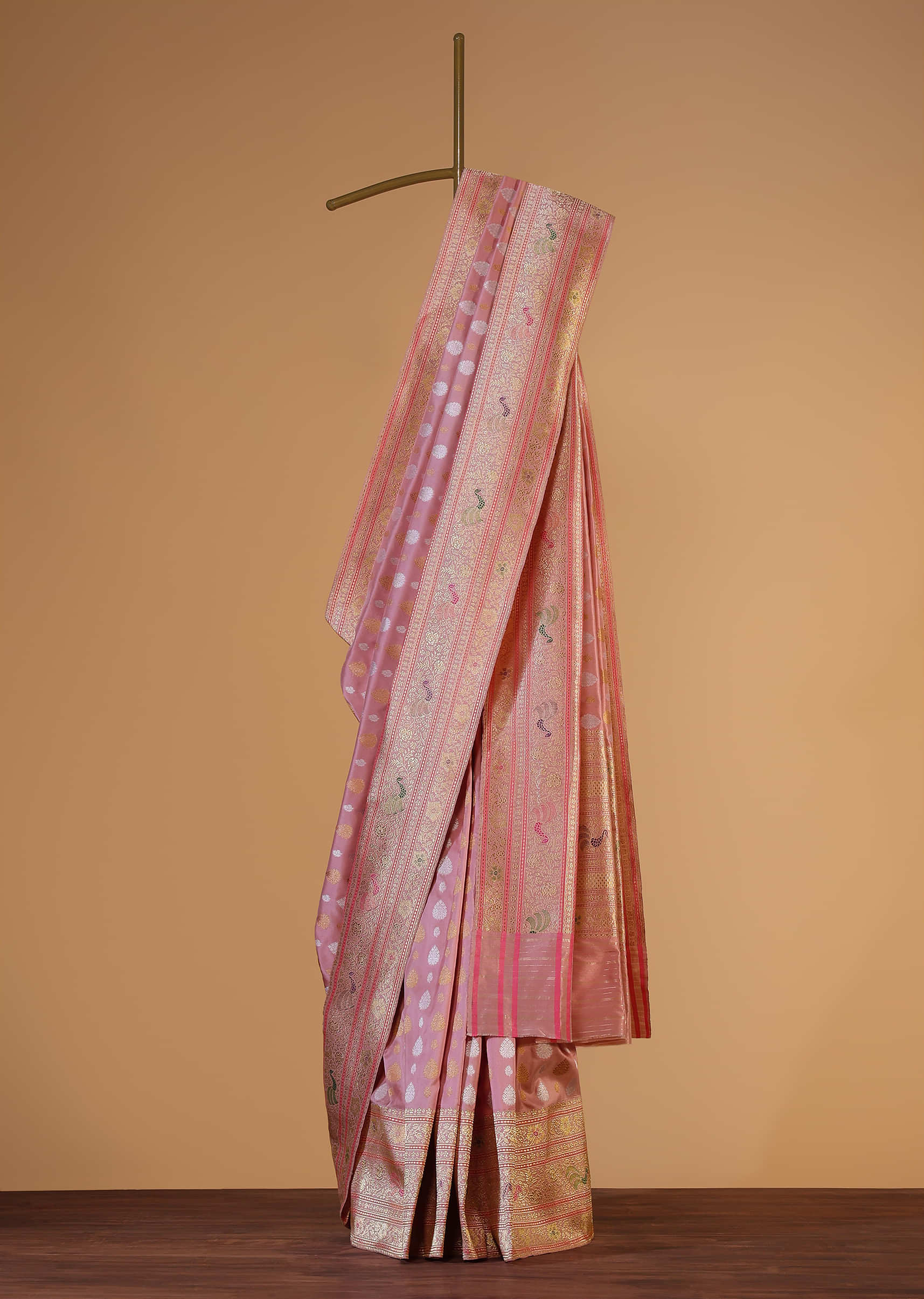 Blush Pink Banarasi Silk Saree In Kadhva Weave With Unstitched Blouse