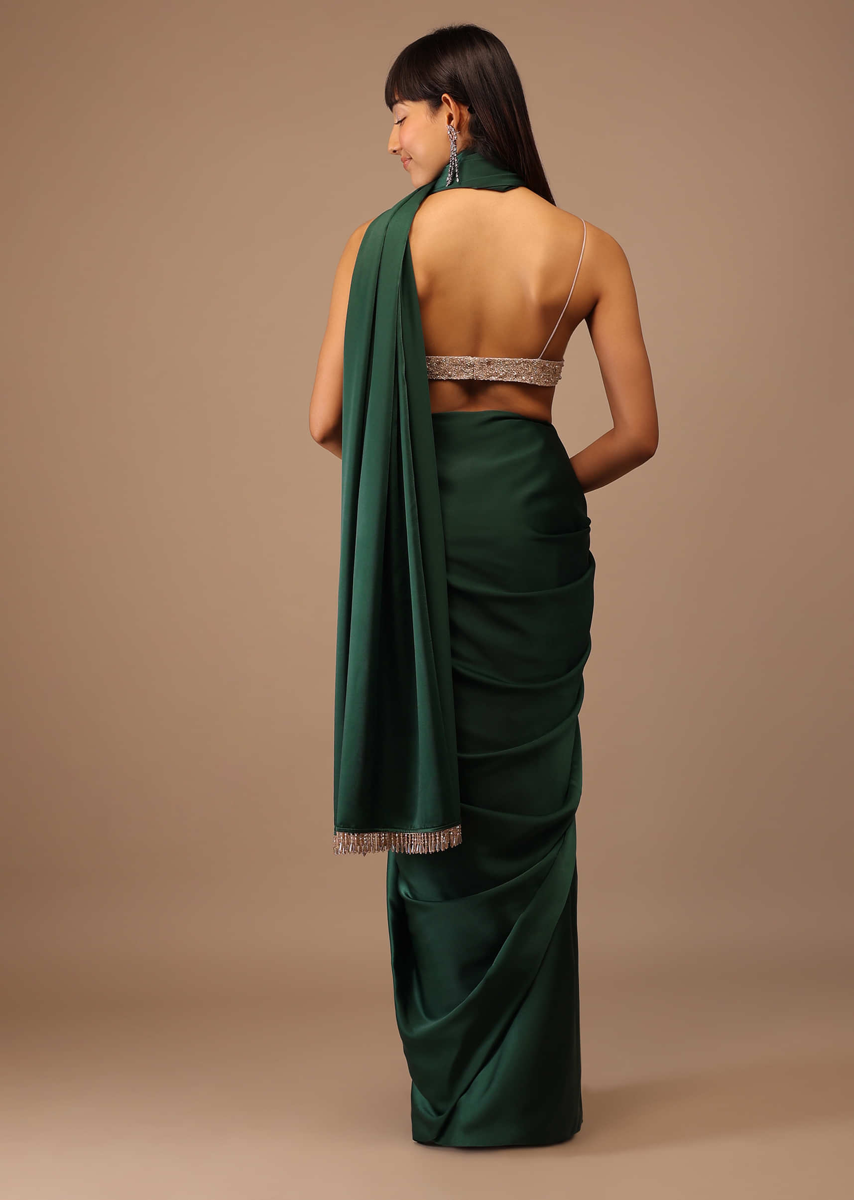 Deep Green Milano Satin Saree With Hand Embroidered Bustier
