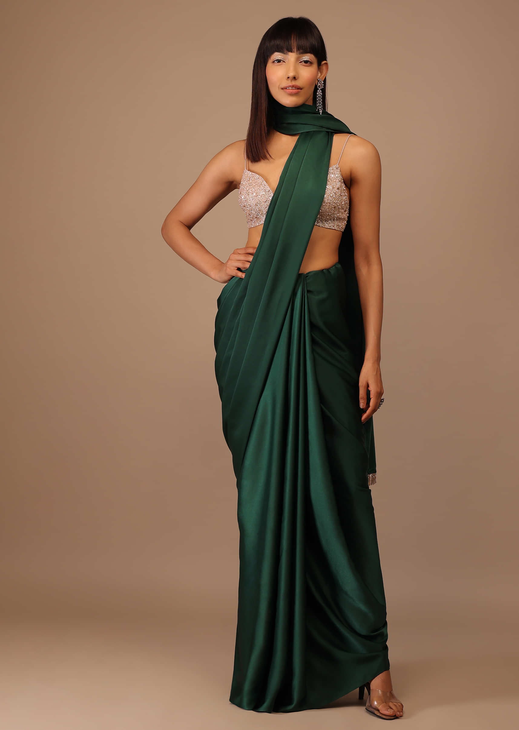 Deep Green Milano Satin Saree With Hand Embroidered Bustier