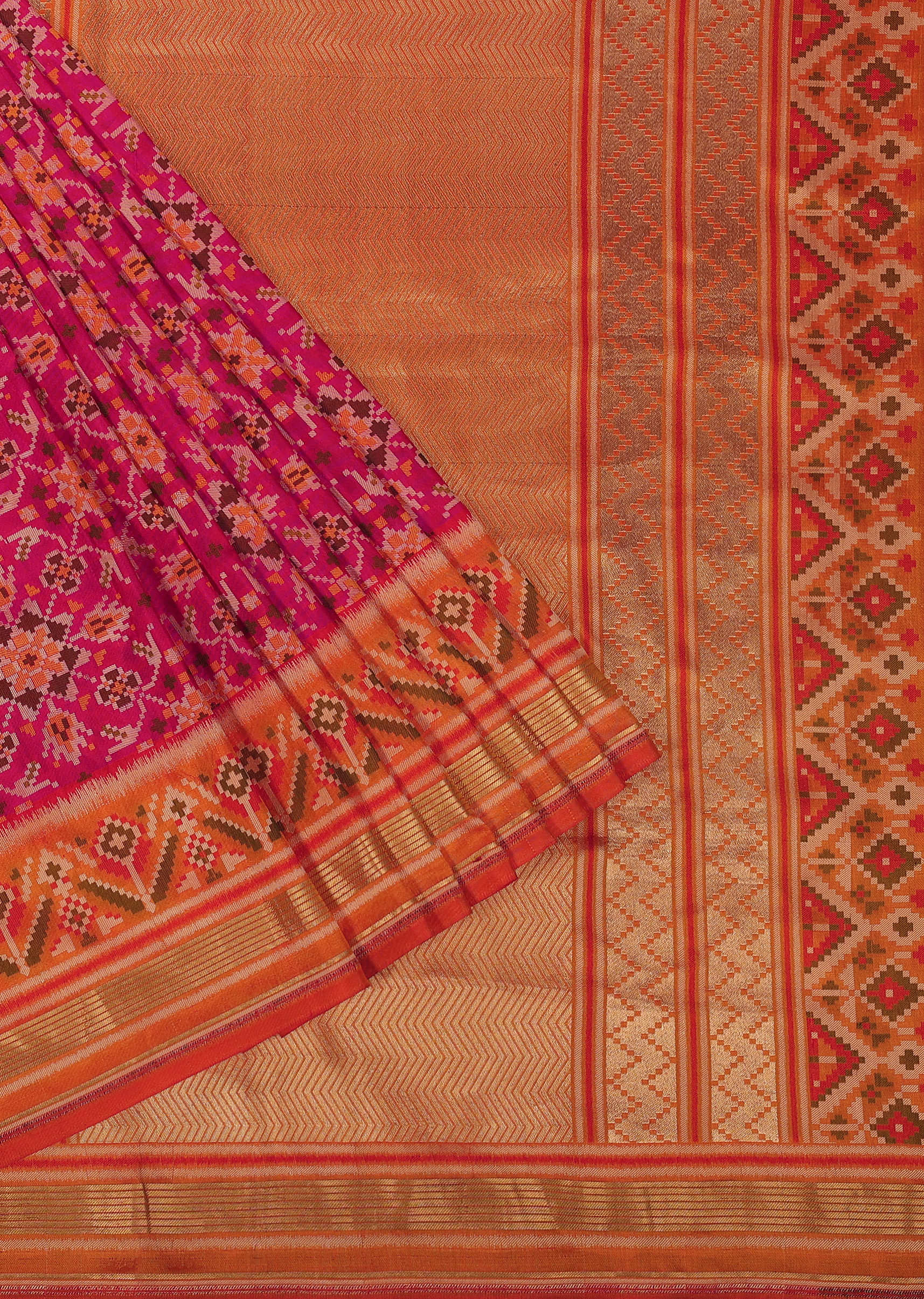 Pink Banarasi Patola Saree In Katan Silk With Ikat Weave And Unstitched Blouse
