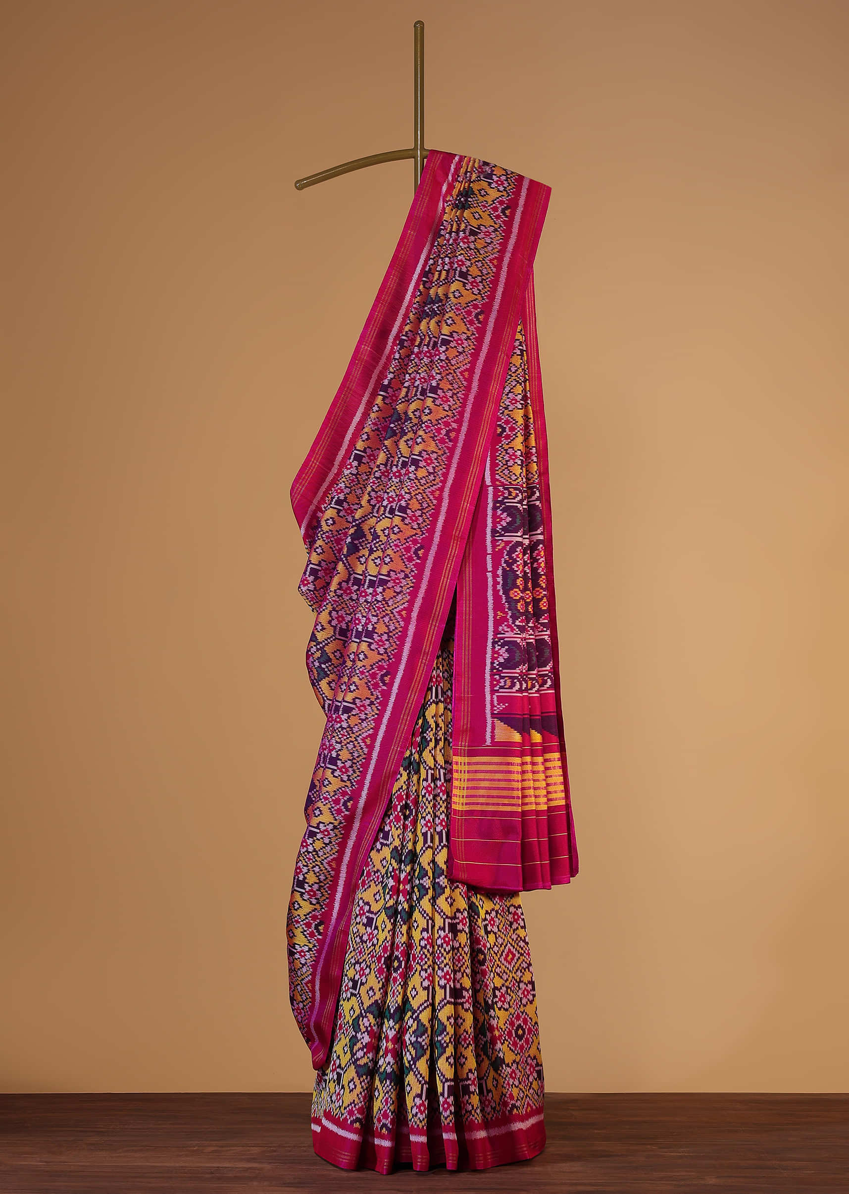 Hot Pink Handloom Double Ikat Patola Woven Saree In Linen With An Unstitched Blouse