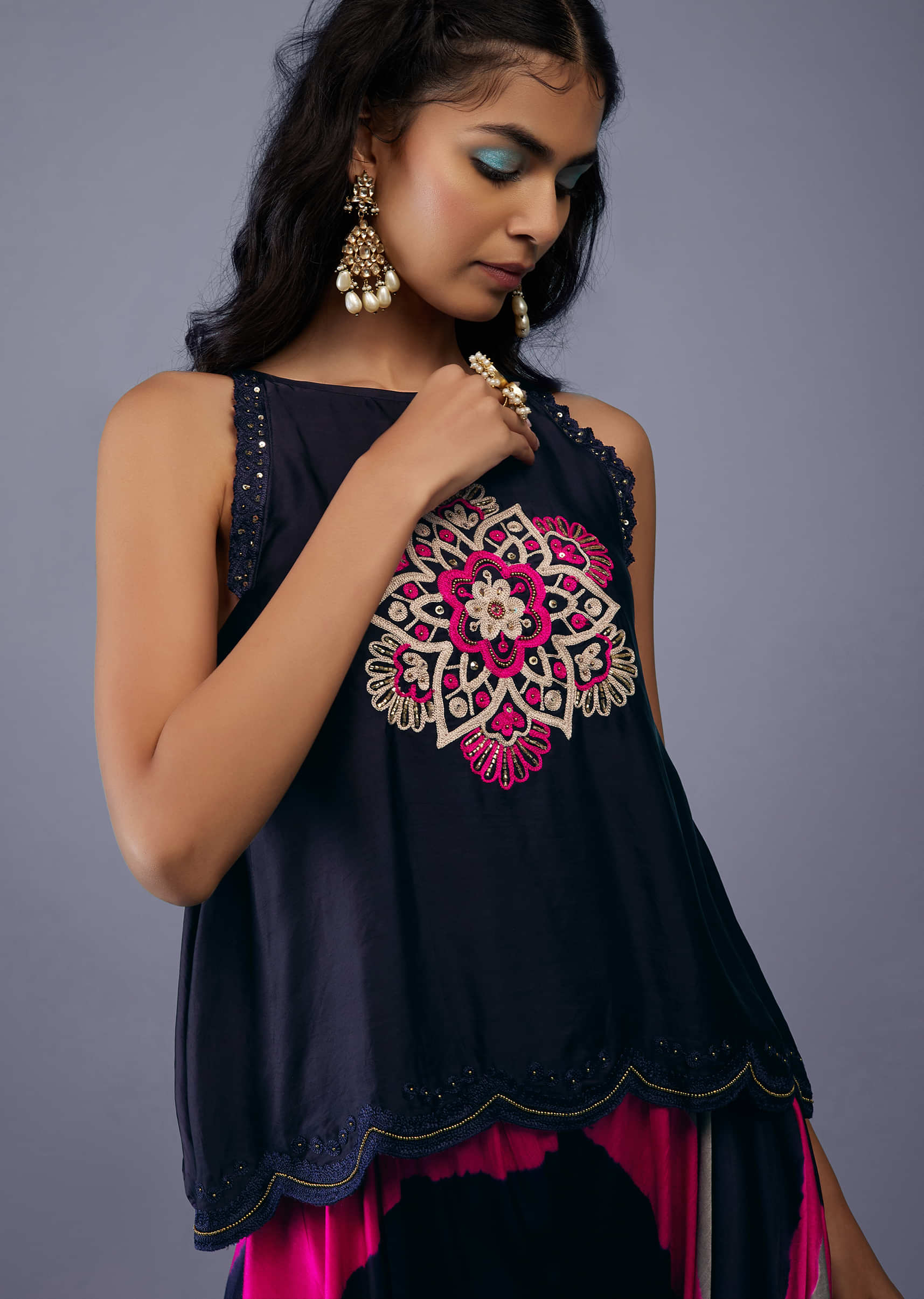 Navy Blue Embroidered Scallop Top With Multicoloured Flared Palazzo In Silk