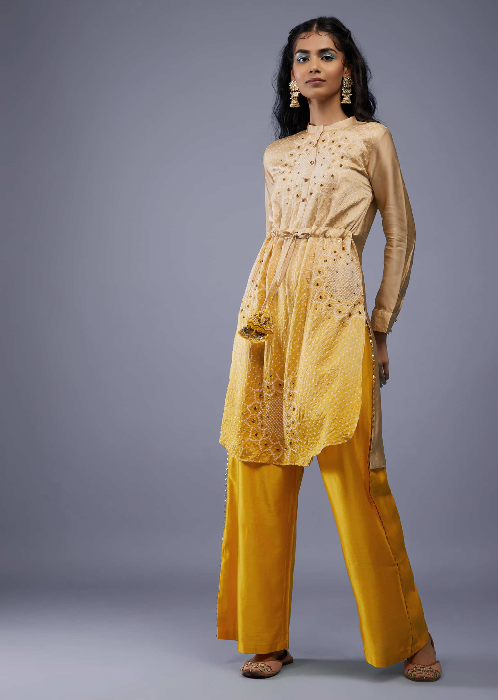 Ombre Shaded Champagne Brown And Cyber Yellow Gajji Silk Bandhani Top With Cotton Silk Palazzo