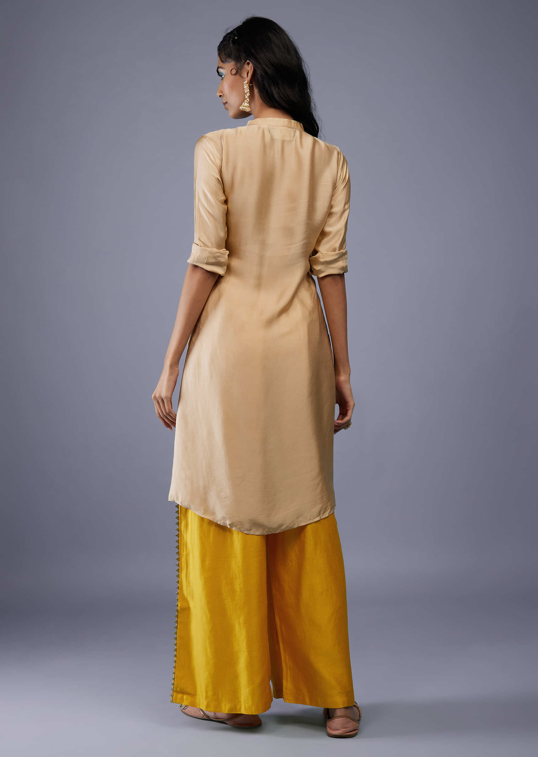 Ombre Shaded Champagne Brown And Cyber Yellow Gajji Silk Bandhani Top With Cotton Silk Palazzo
