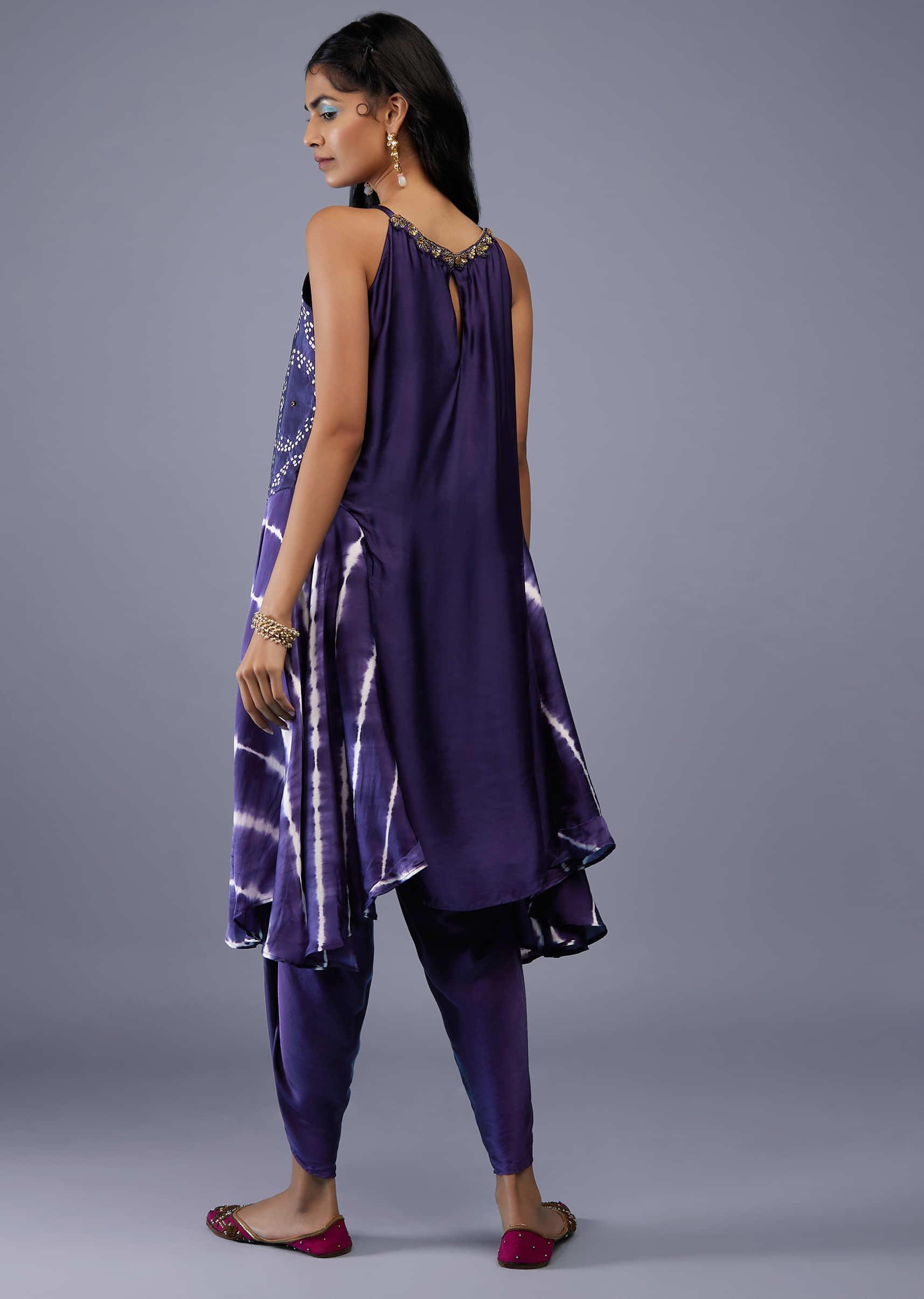 Midnight Blue Silk Bandhani Top With Tie-Dye Side Panel And Silk Dhoti Pants