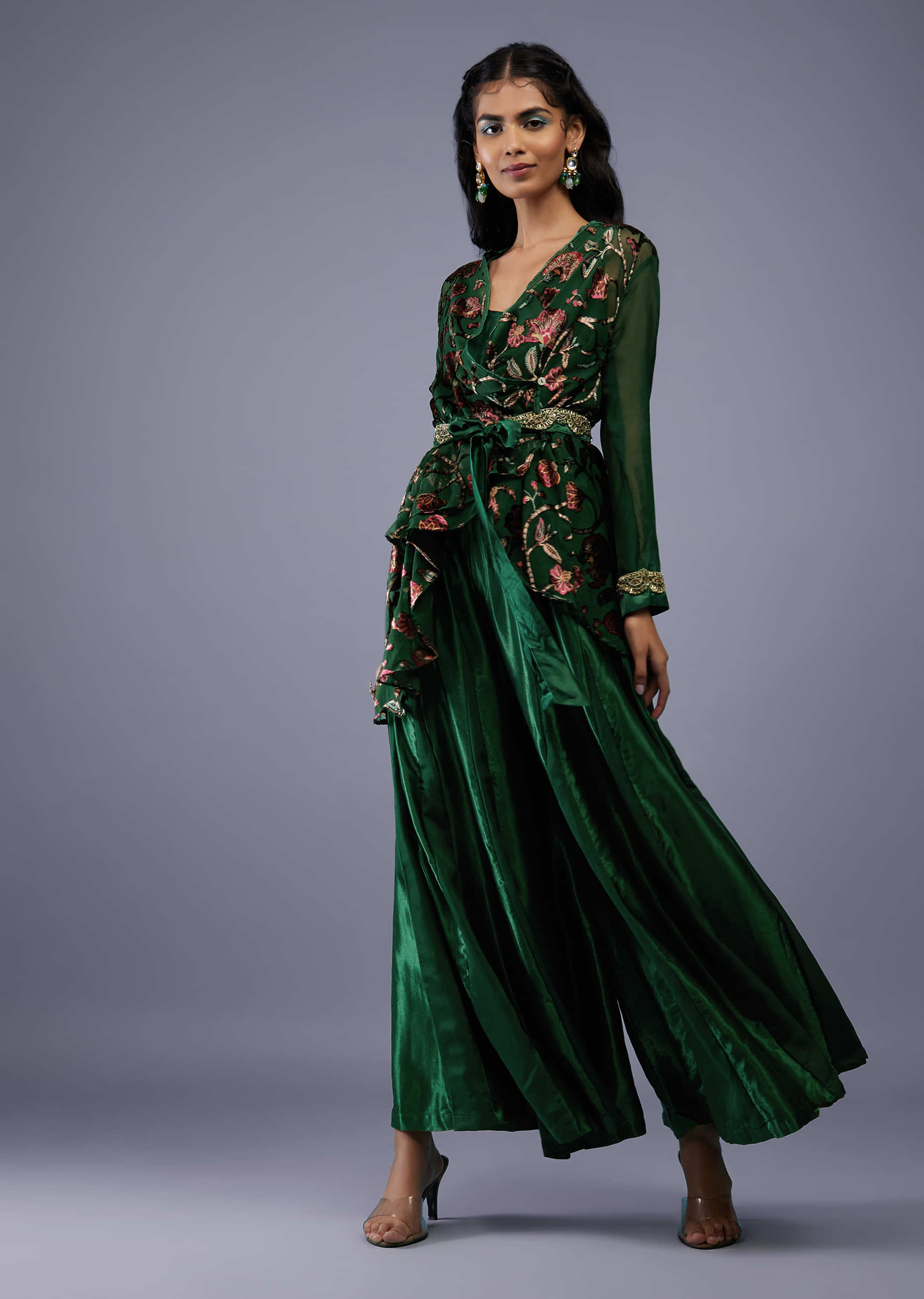 Bottle Green Floral Wrap Top With Embroidered Belt And Gajji Silk Flared Palazzo