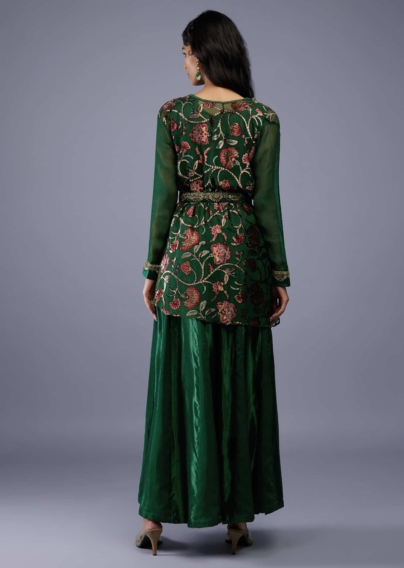Bottle Green Floral Wrap Top With Embroidered Belt And Gajji Silk Flared Palazzo