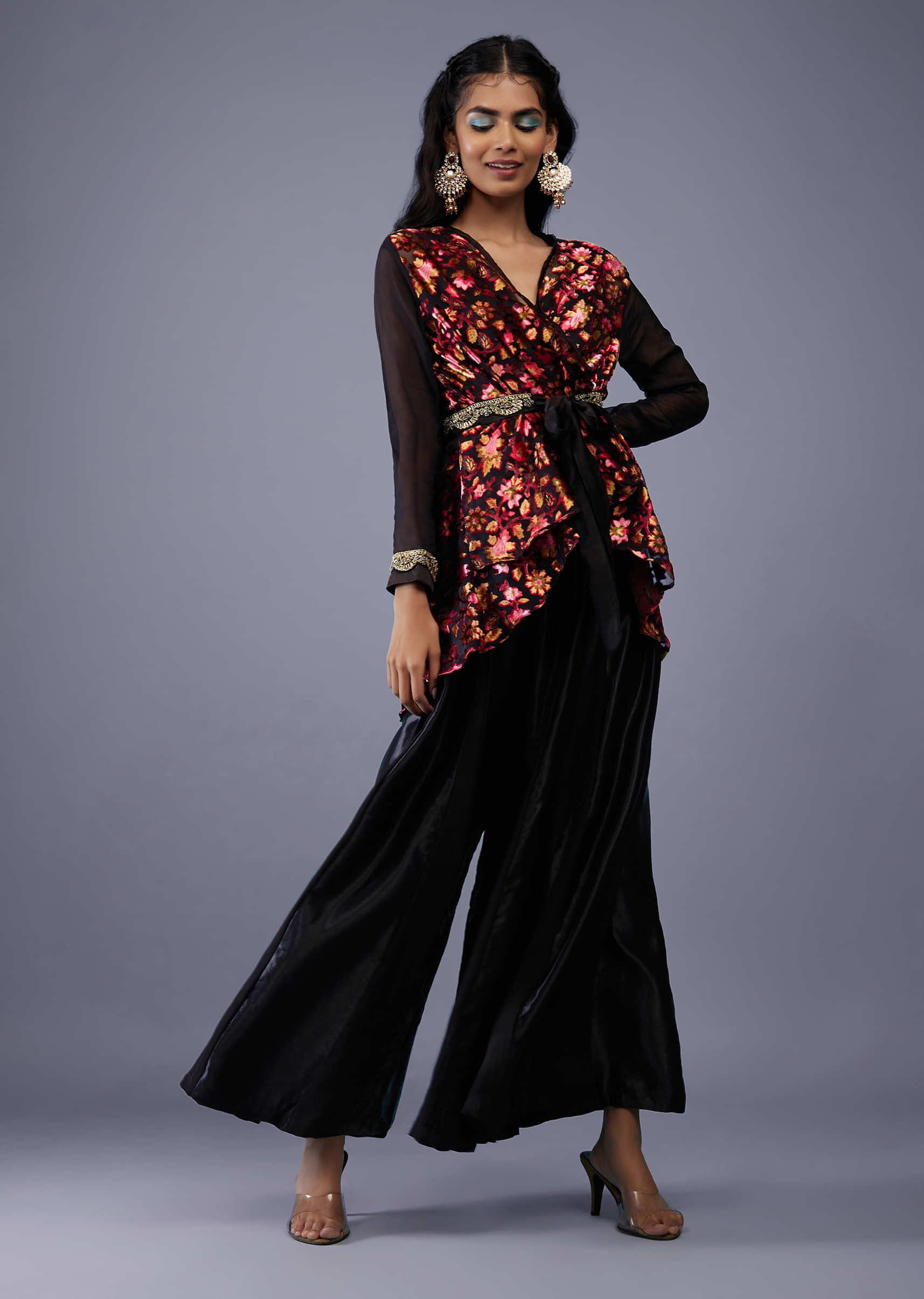 Black Floral Wrap Top With Embroidered Belt And Gajji Silk Flared Palazzo