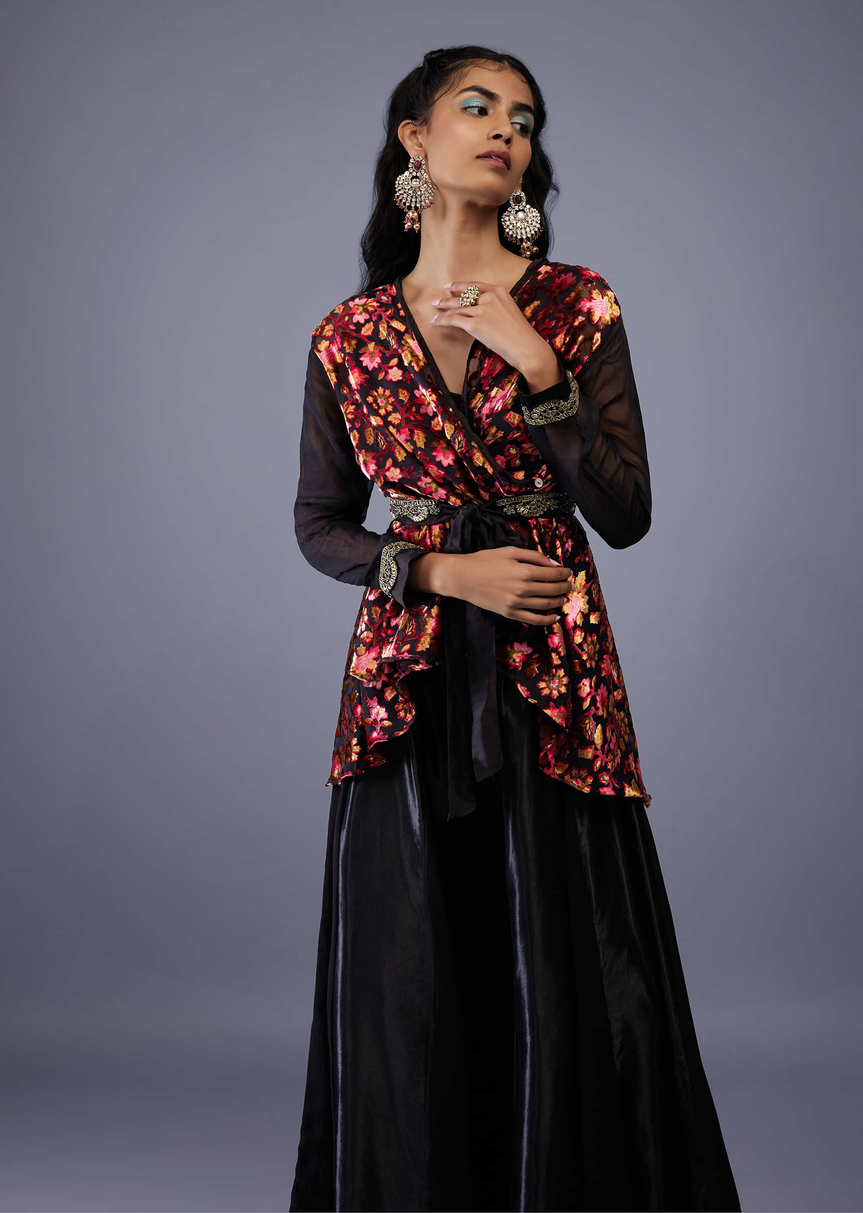 Black Floral Wrap Top With Embroidered Belt And Gajji Silk Flared Palazzo