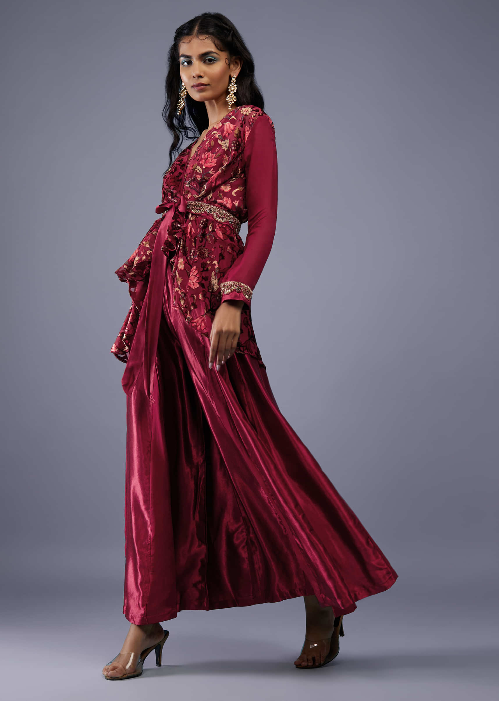 Wine Red Floral Wrap Top With Embroidered Belt And Gajji Silk Flared Palazzo