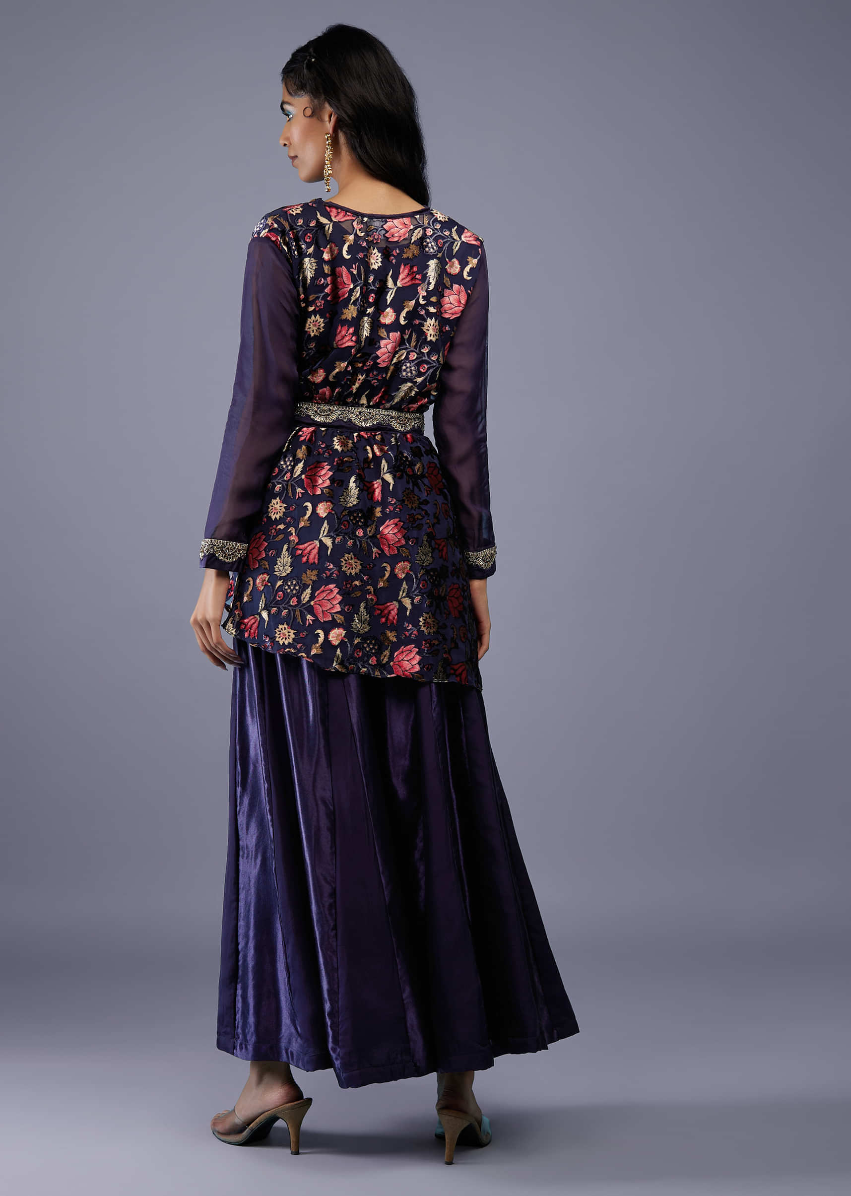 Navy Blue Floral Wrap Top With Embroidered Belt And Gajji Silk Flared Palazzo