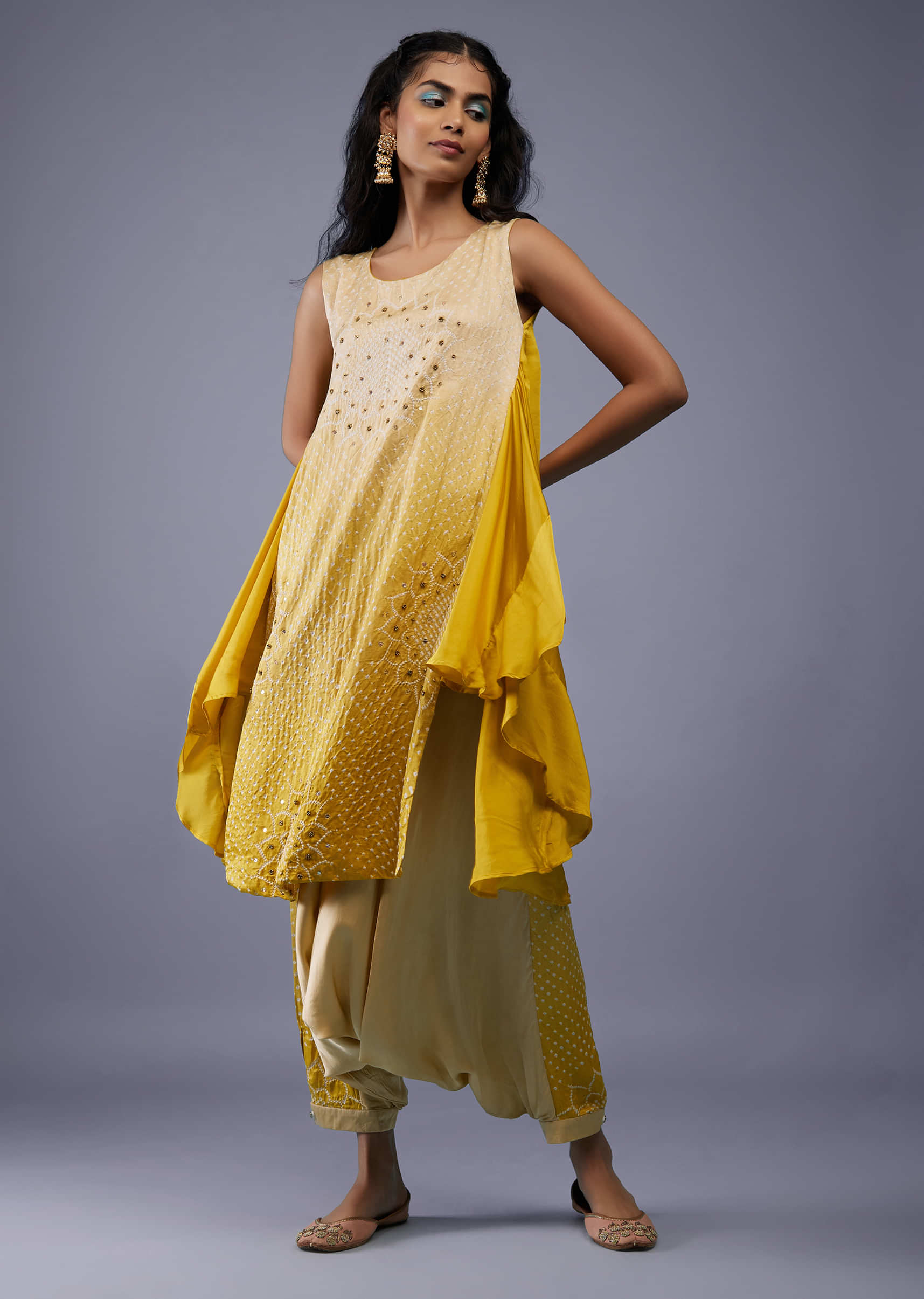 Ombre Shaded Beige White And Cyber Yellow Bandhani Tunic Top In Gajji Silk With Printed Silk Cowl Dhoti