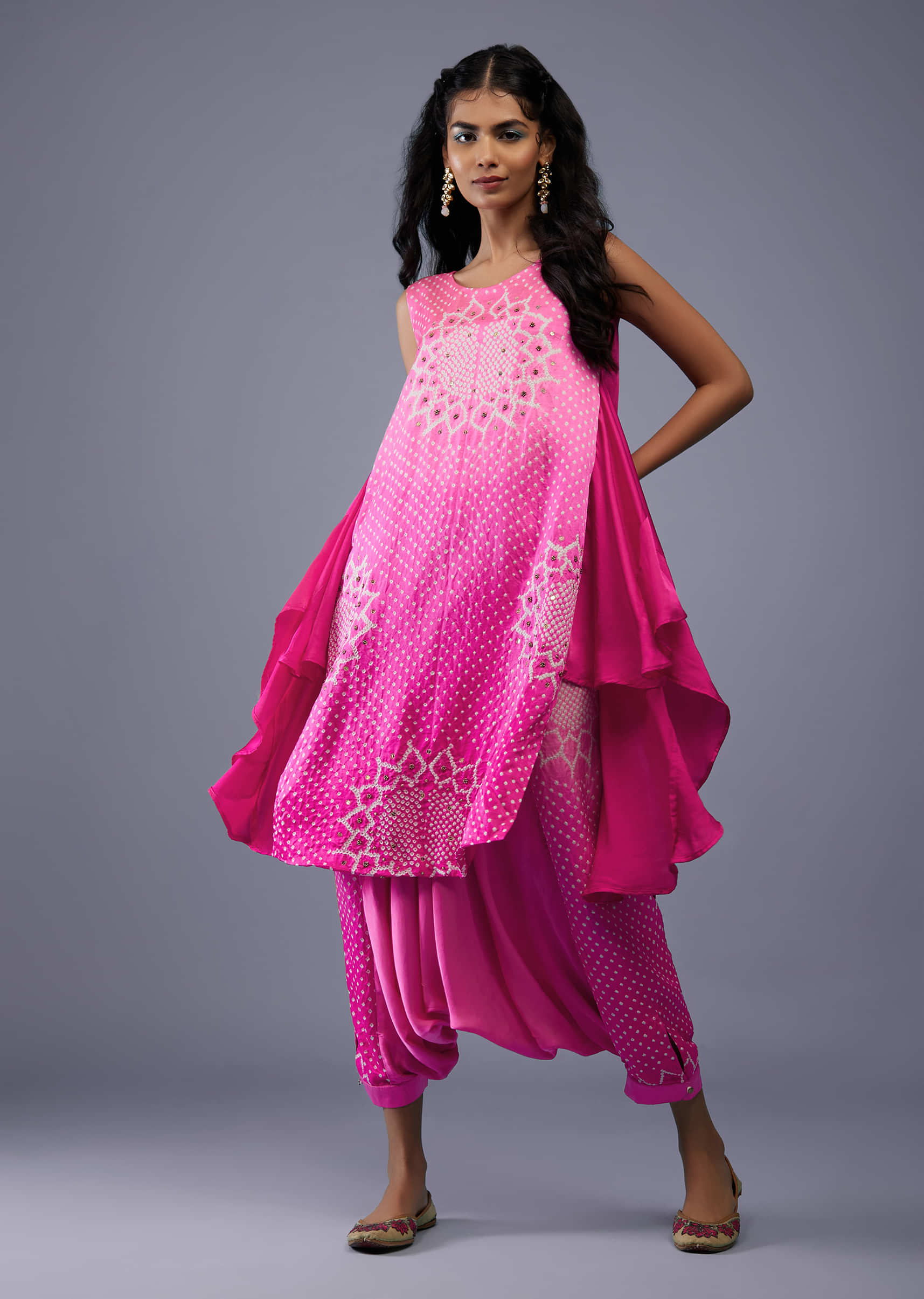 Ombre Fuschia Pink Bandhani Tunic Top In Gajji Silk With Printed Silk Cowl Dhoti