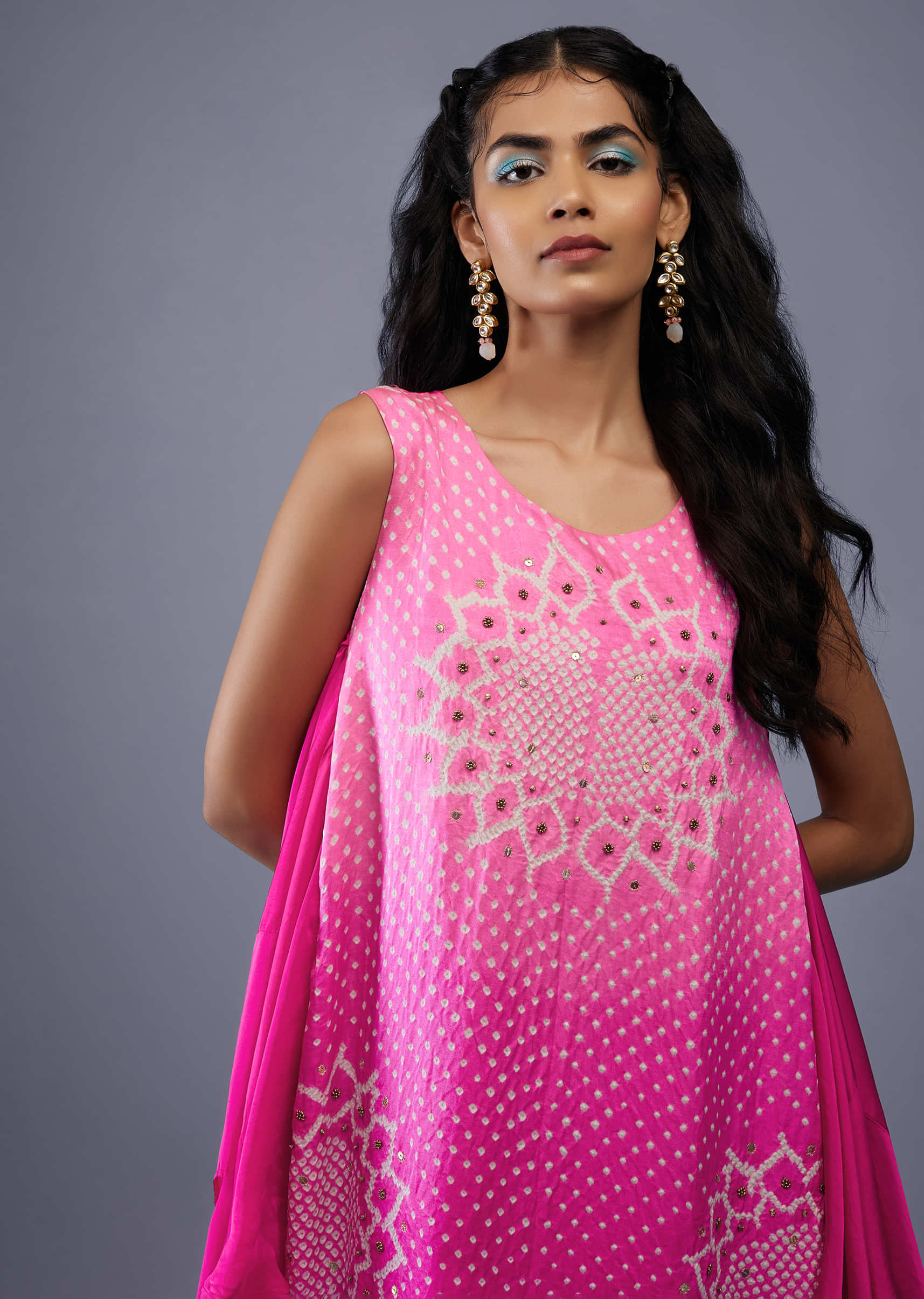 Ombre Fuschia Pink Bandhani Tunic Top In Gajji Silk With Printed Silk Cowl Dhoti