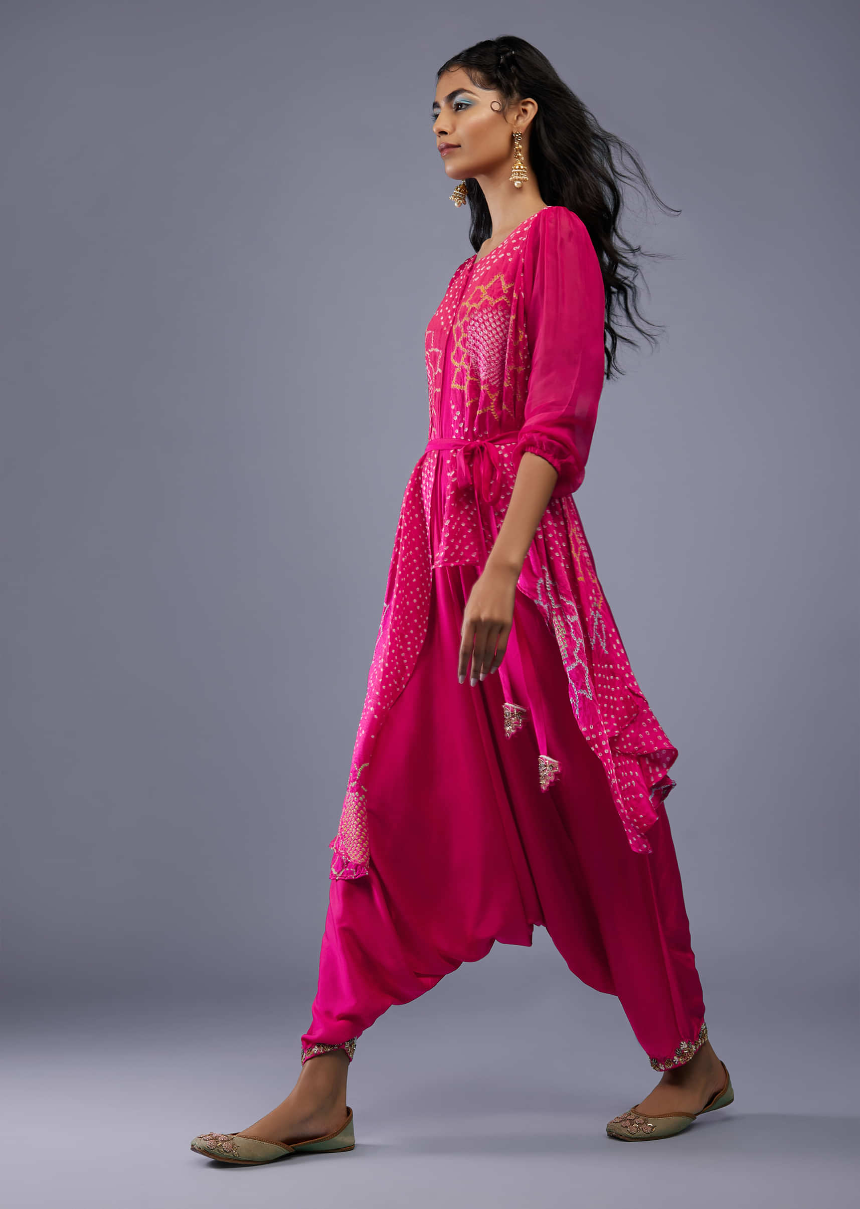 Fuschia Pink Gajji Silk Attached Shrug With Silk Jumpsuit