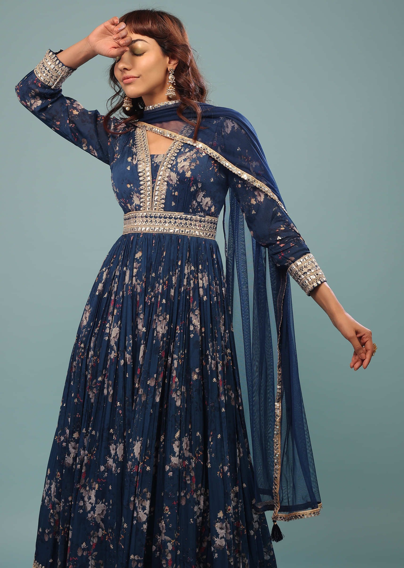 Indigo Blue Embroidered Anarkali Suit With Floral Print In Georgette