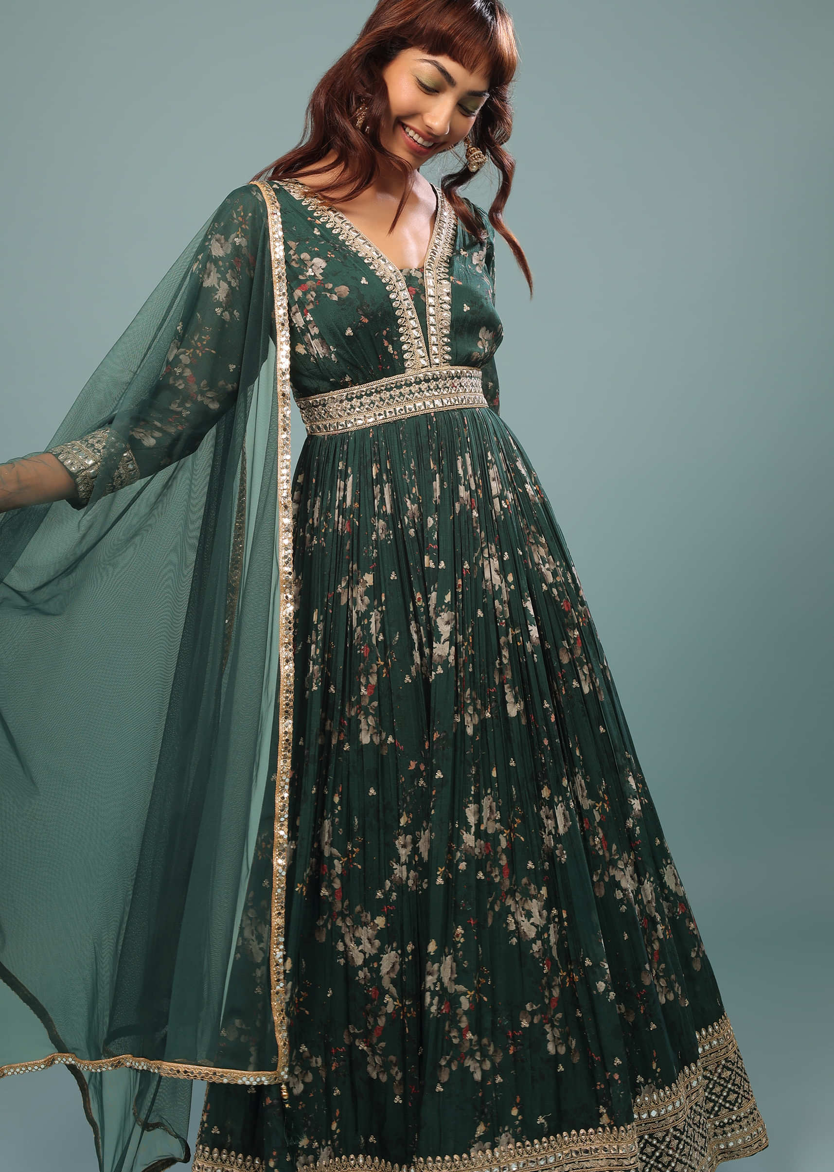 Deep Green Embroidered Anarkali Suit With Floral Print In Georgette