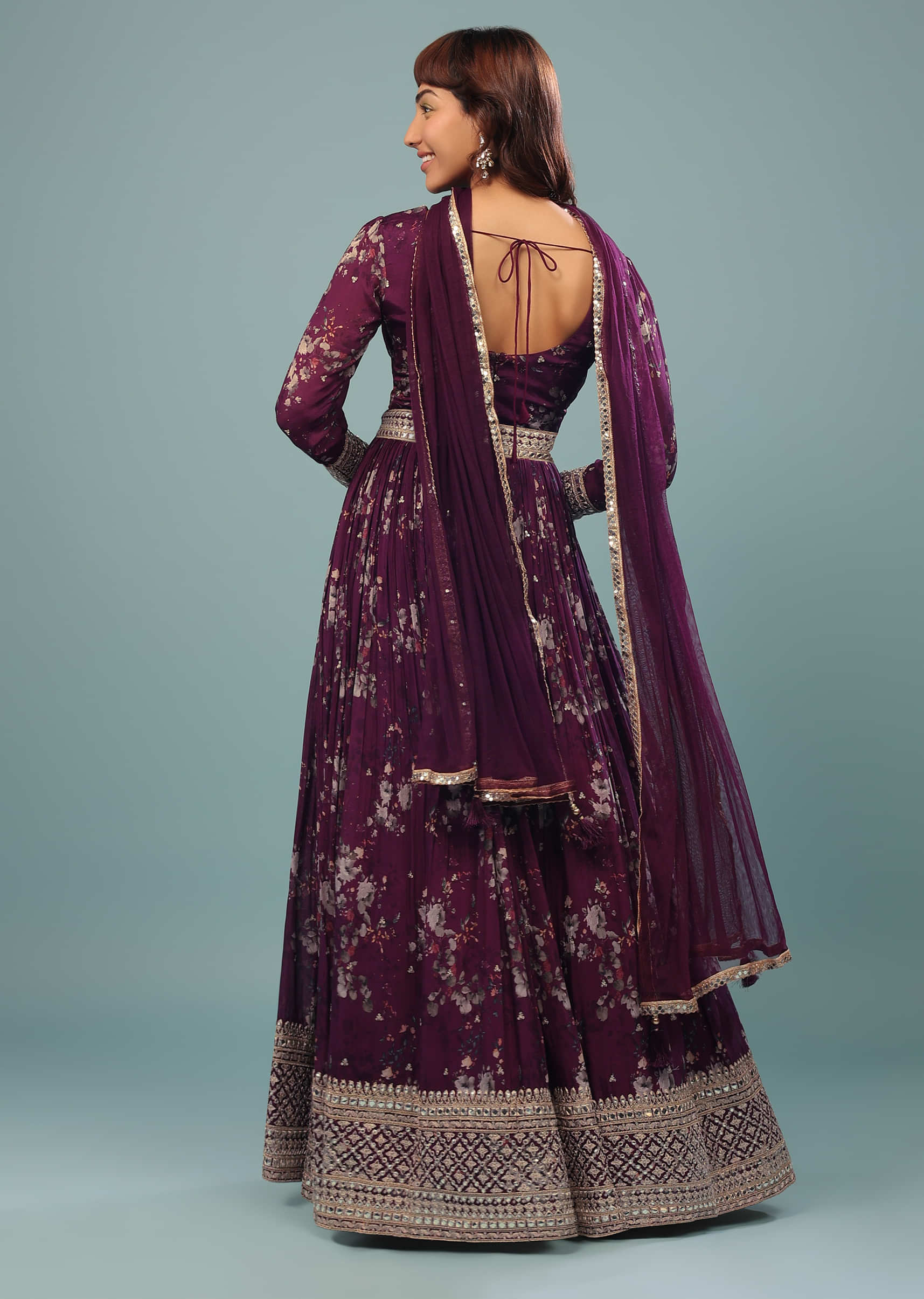 Grape Purple Embroidered Anarkali Suit With Floral Print In Georgette