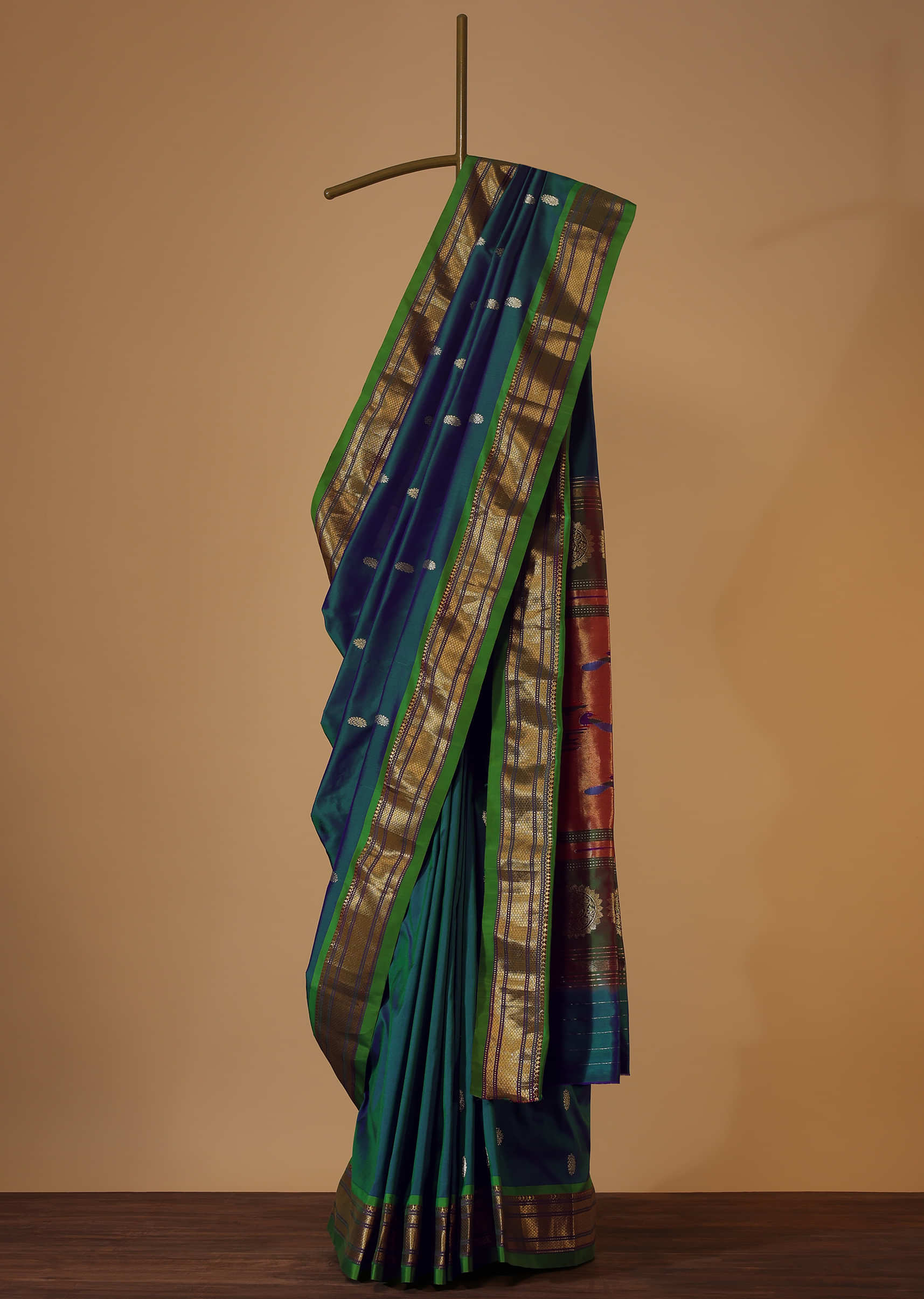 Dark Blue Maharashtrian Paithani Woven Saree In Katan Silk With Green Shade And Unstitched Blouse