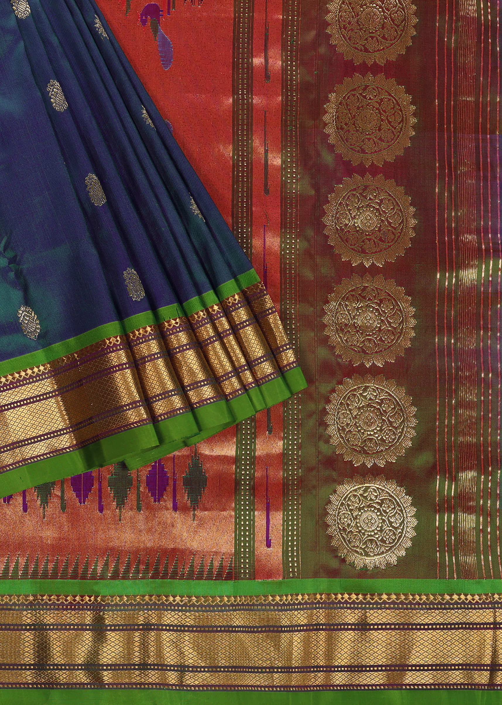 Dark Blue Maharashtrian Paithani Woven Saree In Katan Silk With Green Shade And Unstitched Blouse