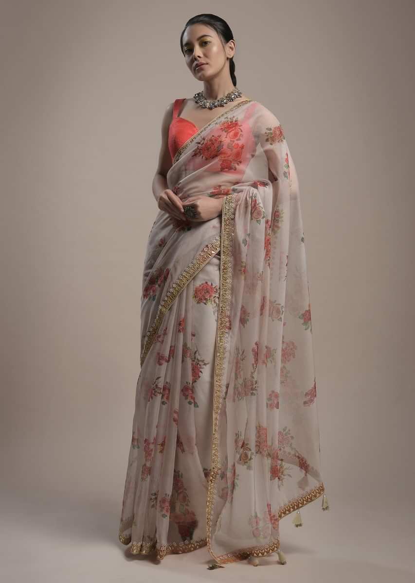 Beige Saree In Organza With Floral Print And Gotta Work On The Border Along With Unstitched Blouse  
