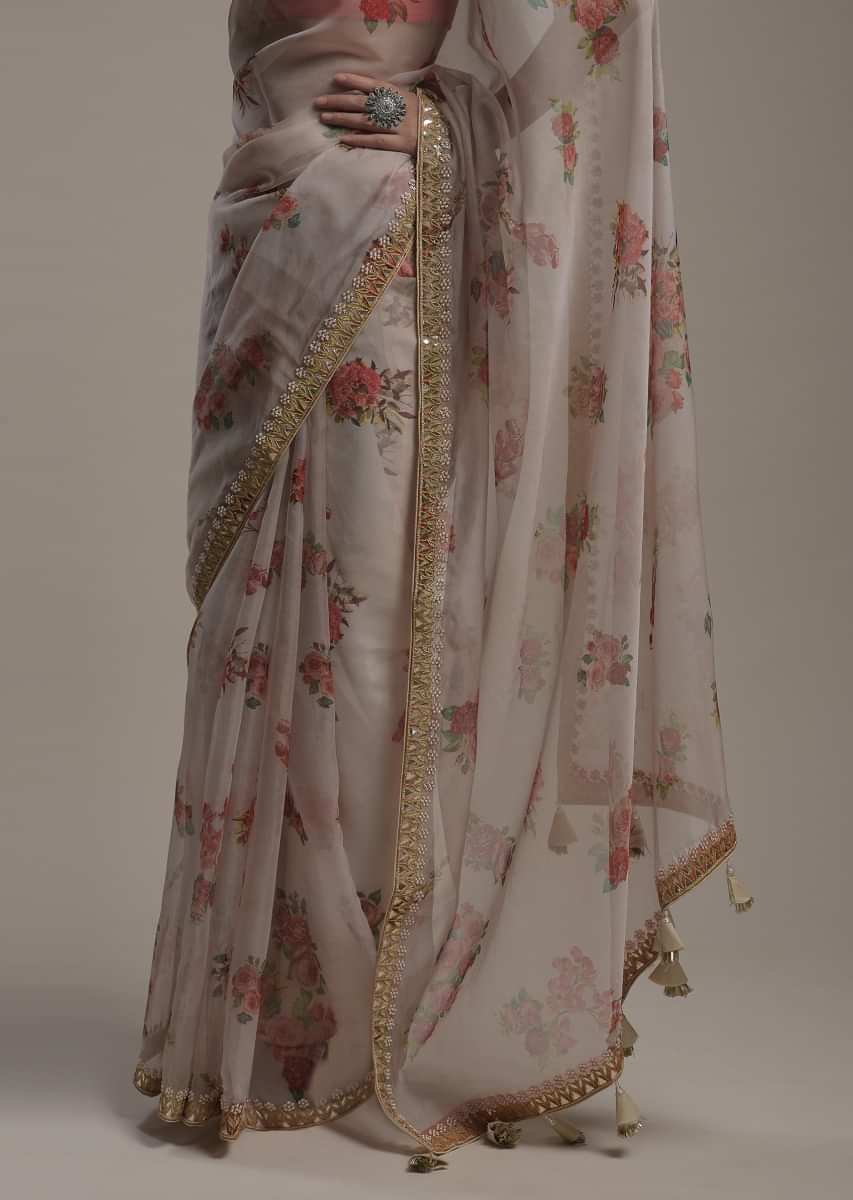 Beige Saree In Organza With Floral Print And Gotta Work On The Border Along With Unstitched Blouse  