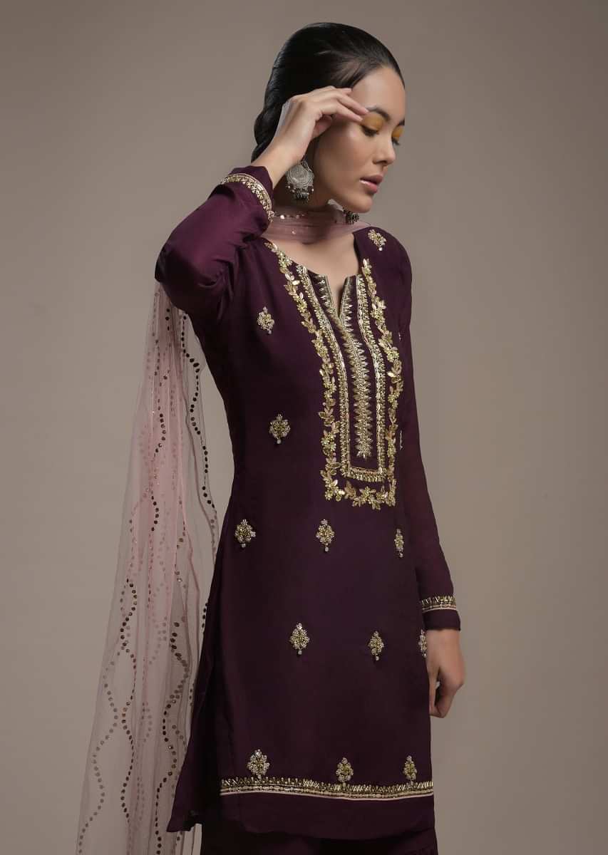 Wine Sharara Suit In Crepe With Colorful Beads And Gotta Patti Embroidered Buttis And Yoke Design  