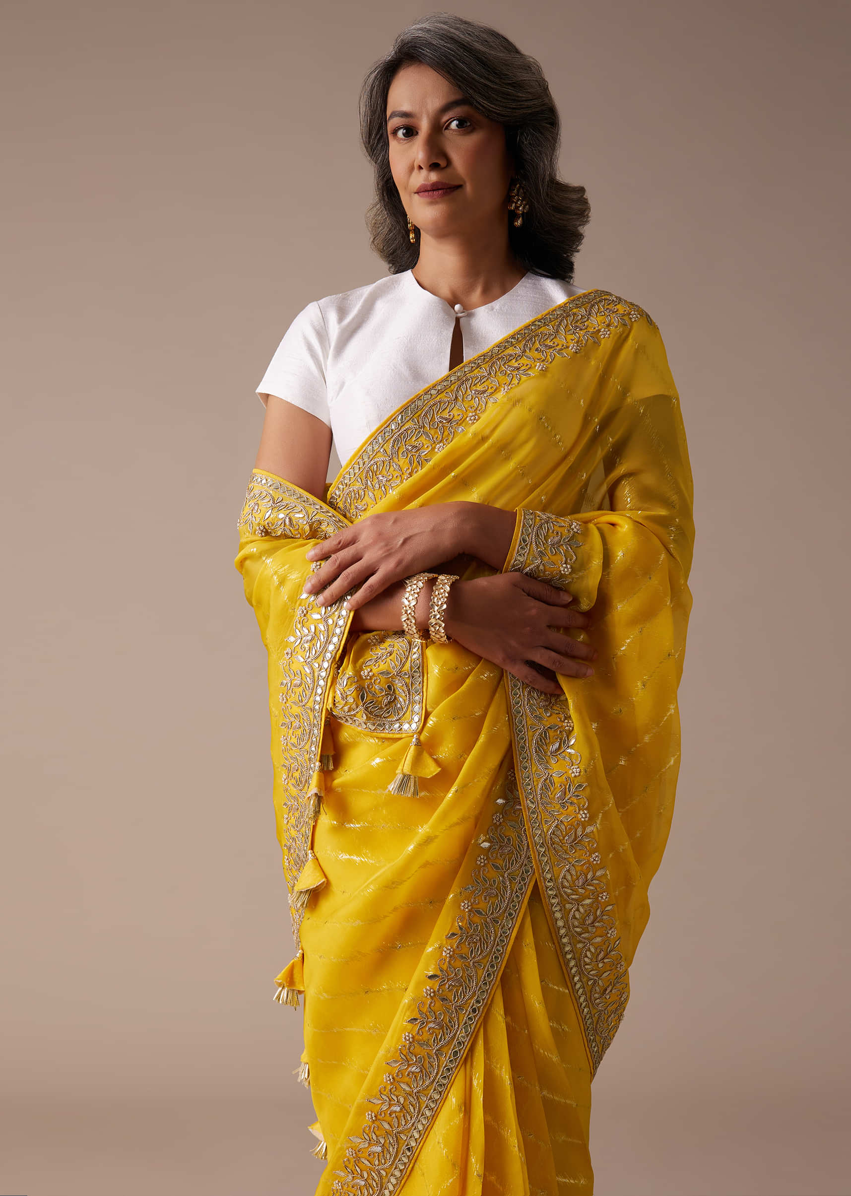 Canary Yellow Saree In Organza With Lurex Woven Diagonal Stripes And Gotta Embroidered Floral Border  