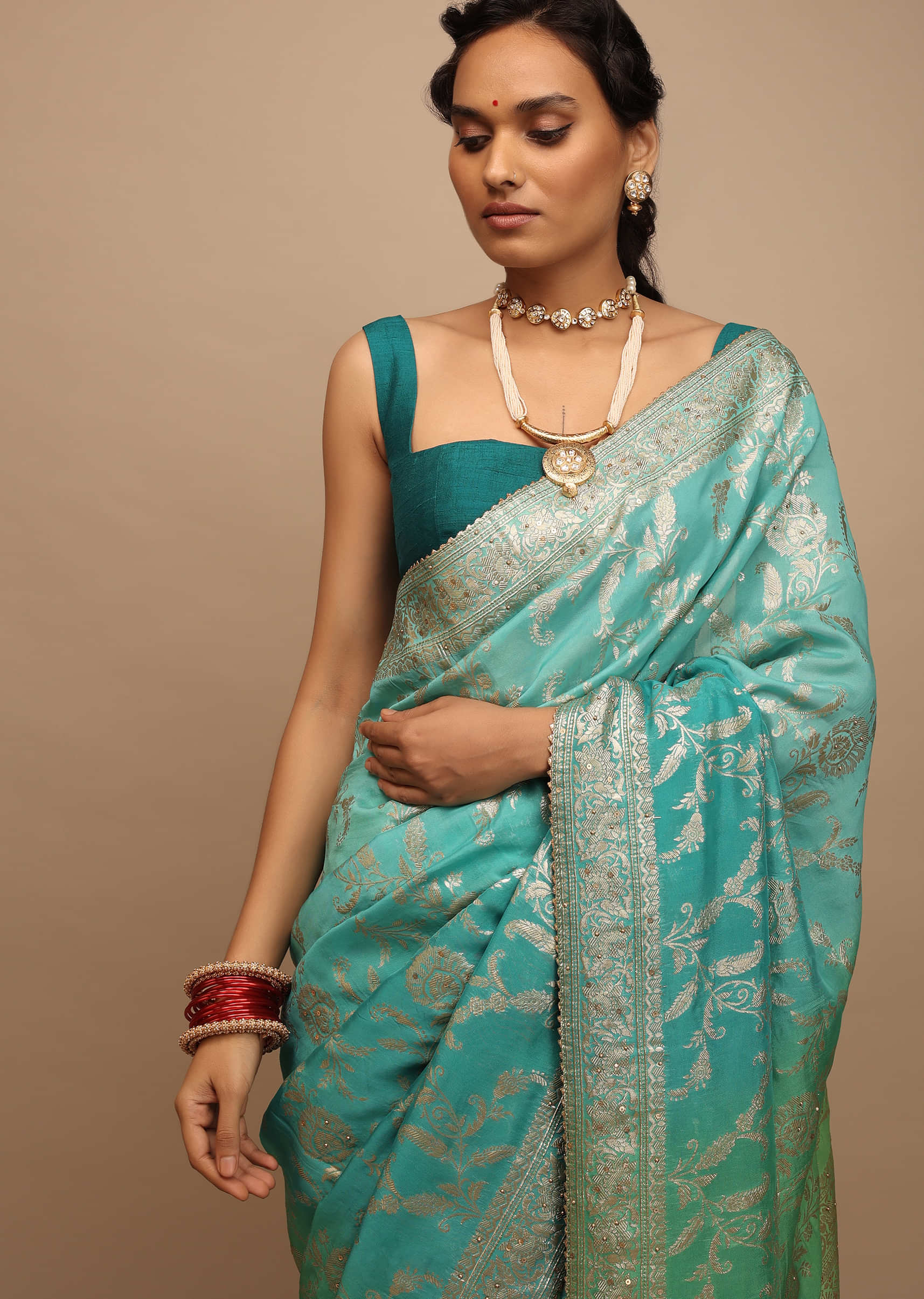 Sea Green And Turquoise Saree In Georgette With Woven Floral Jaal