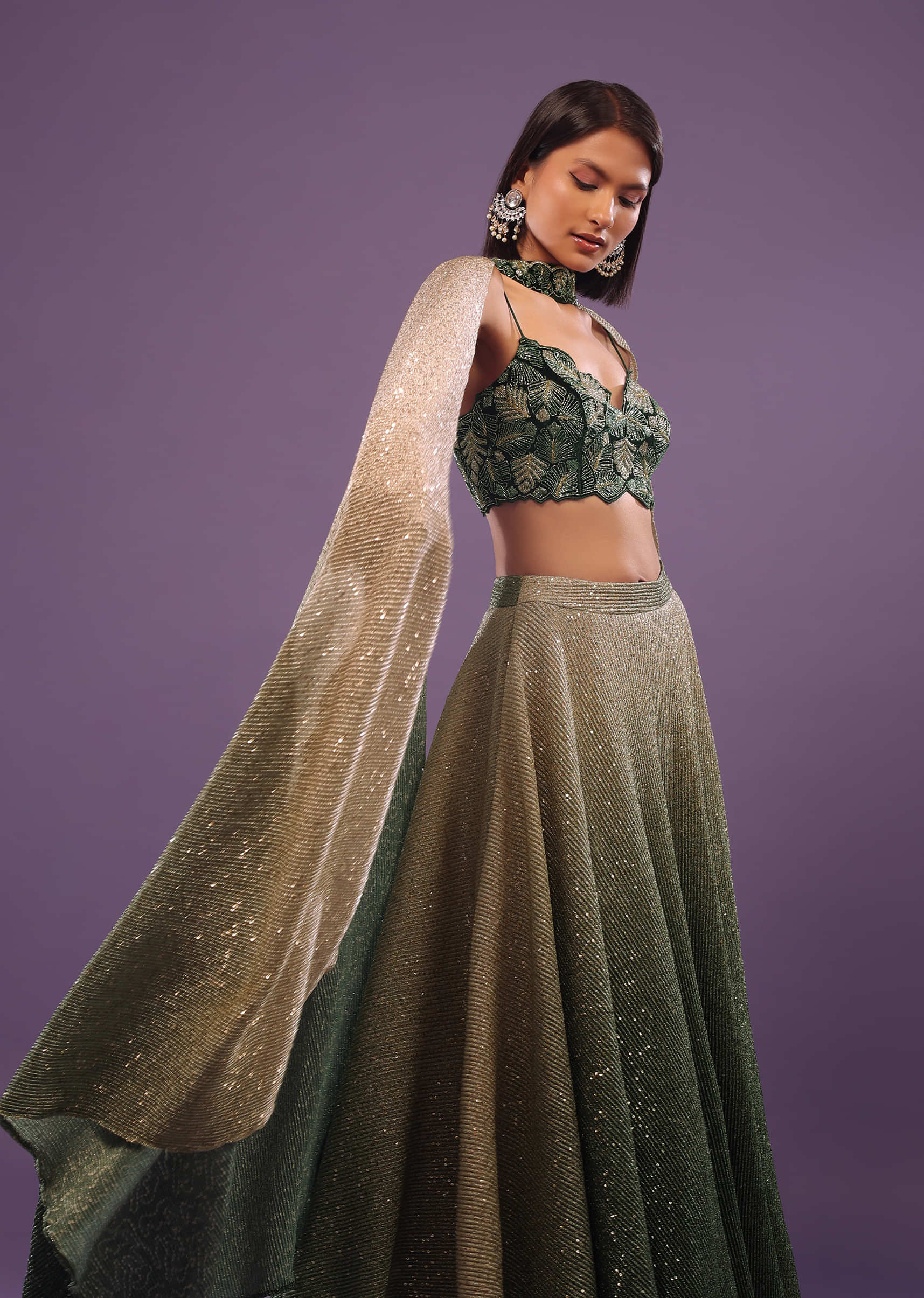Deep Green Ombre And Gold Embroidered Lehenga Set With Sequins Embroidery