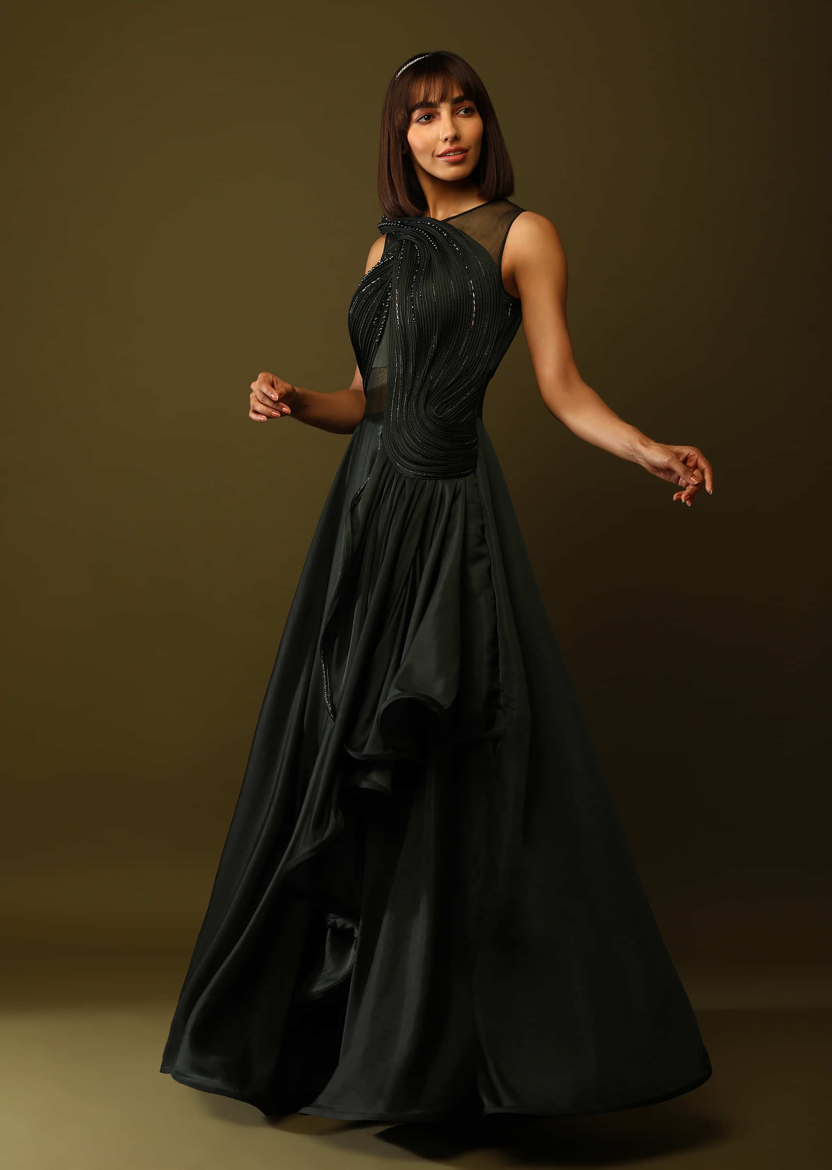 Shadow Green Gown With Ruched Bodice And Fancy Ruffled Layers  