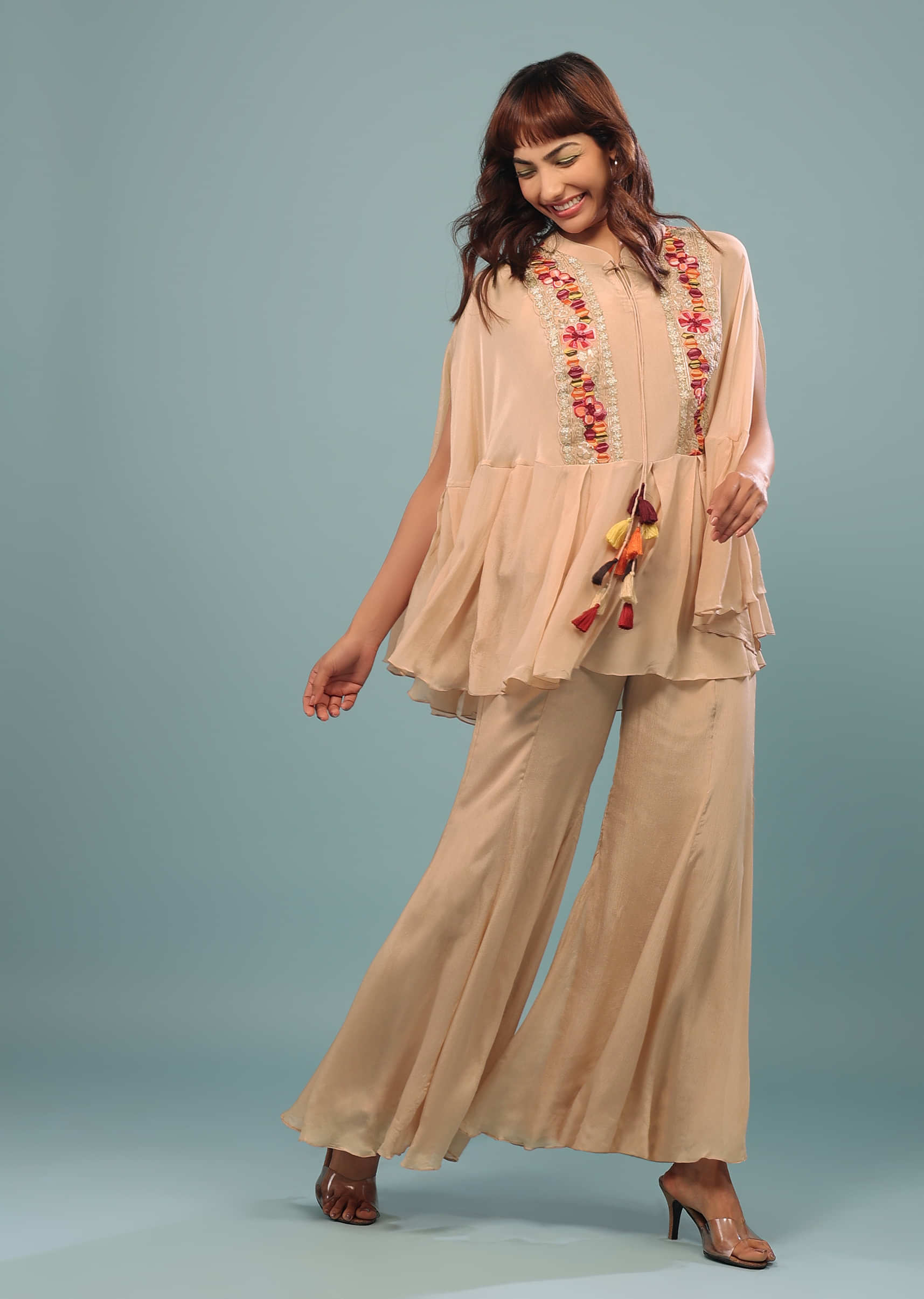 Light Peach Pink Embroidered Pant-Top Set In Chinon