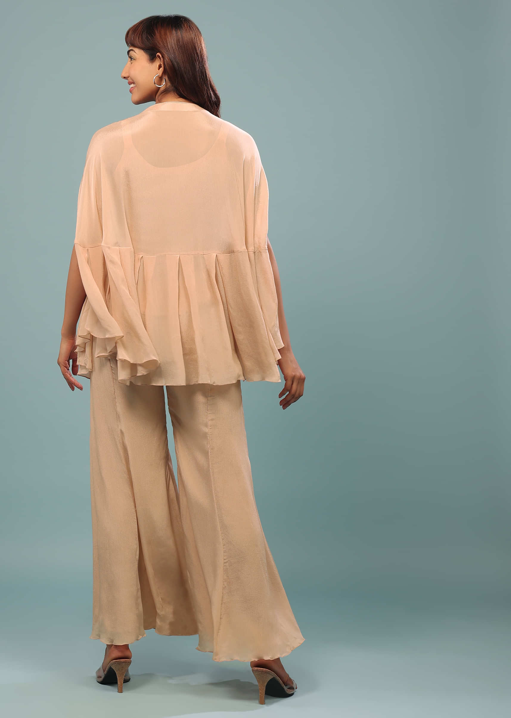 Light Peach Pink Embroidered Pant-Top Set In Chinon